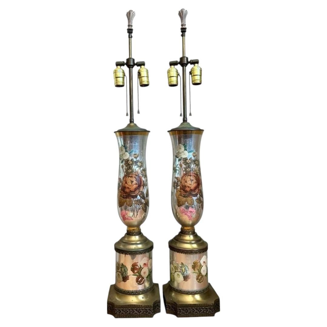 Vintage Italian Eglomise Rose Lamps - A Pair