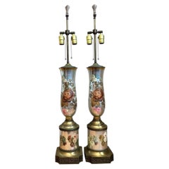 Vintage Italian Eglomise Rose Lamps - A Pair