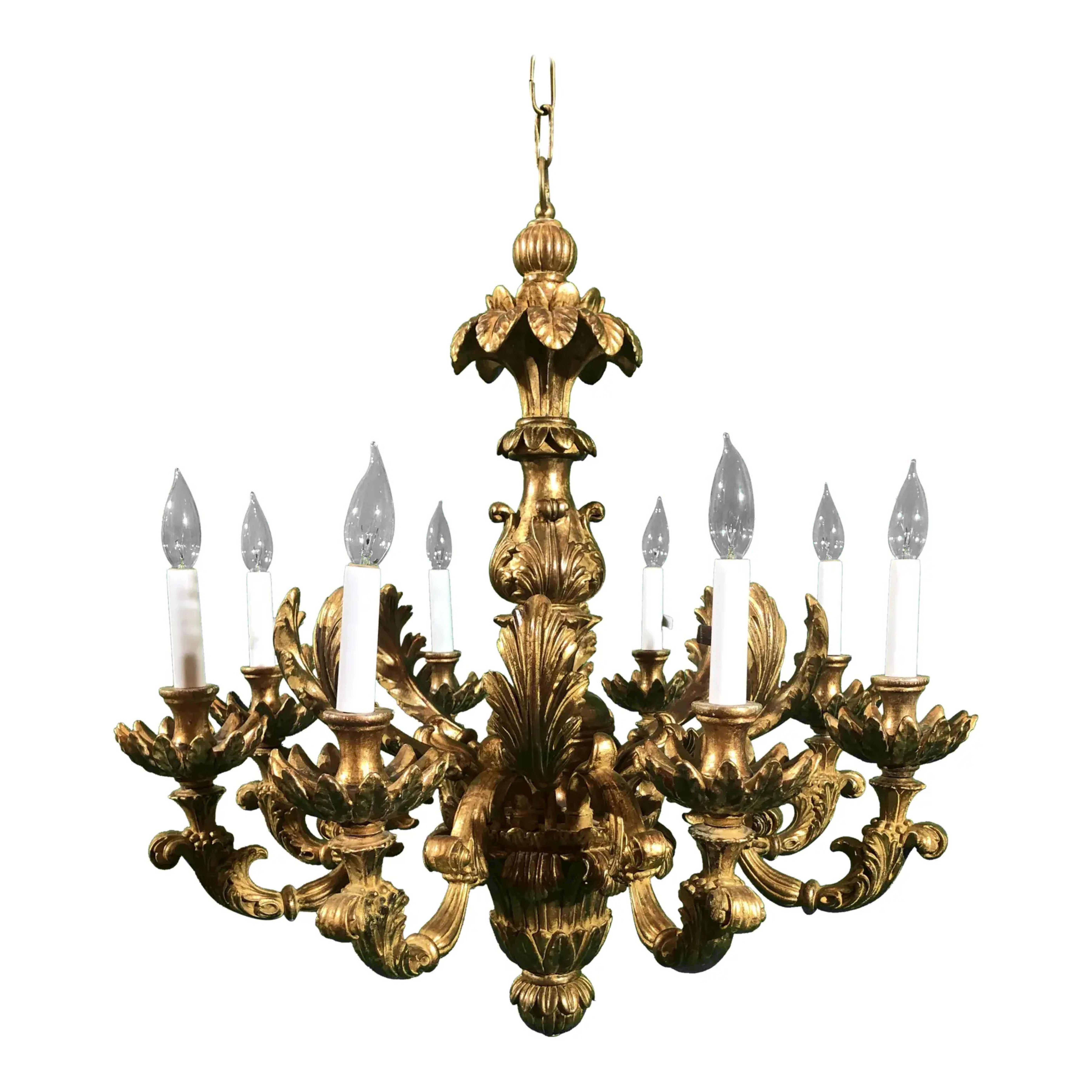 Italian 8-Light Wood Chandelier with Distressed Gold Gilt
