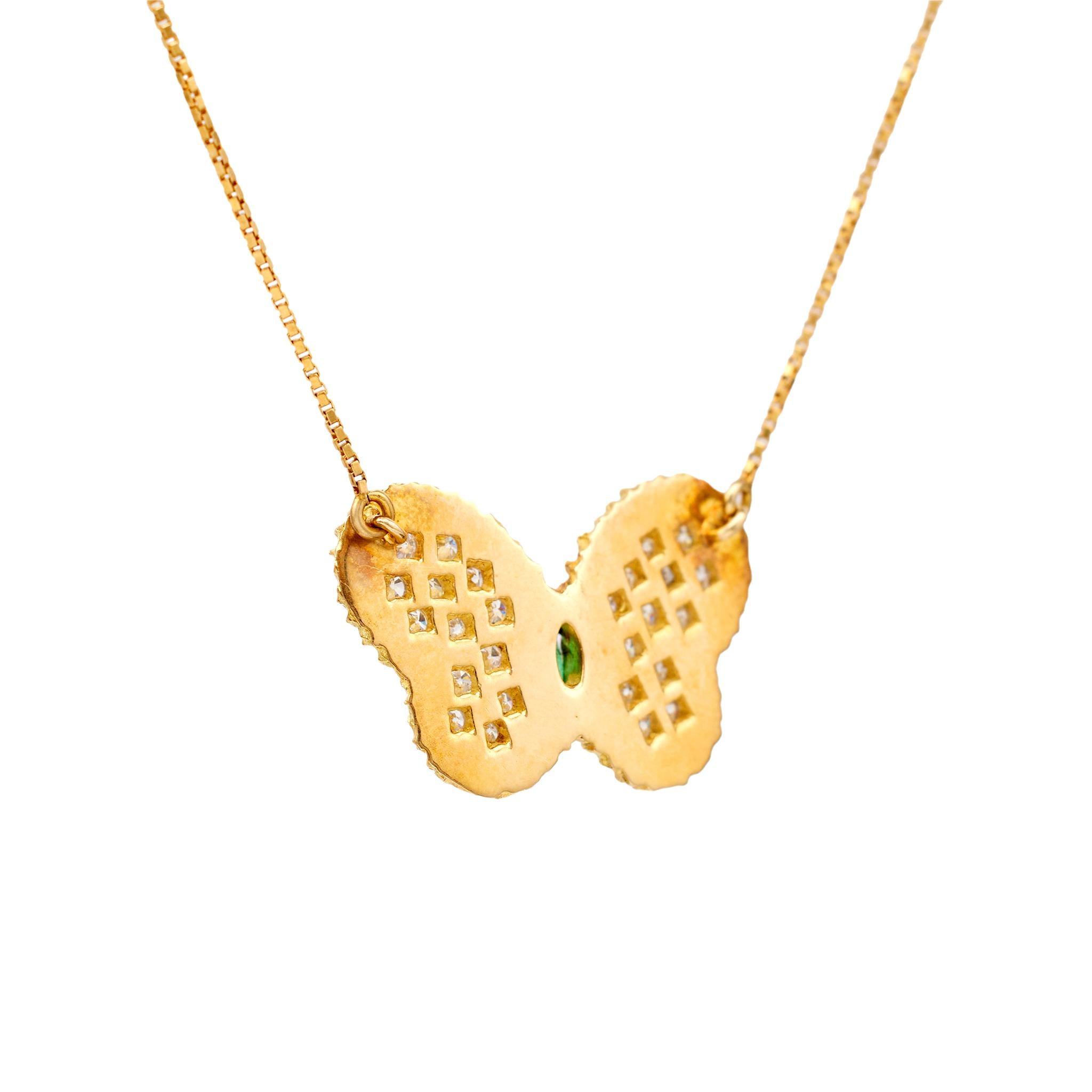 Women's or Men's Vintage Italian Emerald and Diamond 18k Yellow Gold Butterfly Necklace For Sale