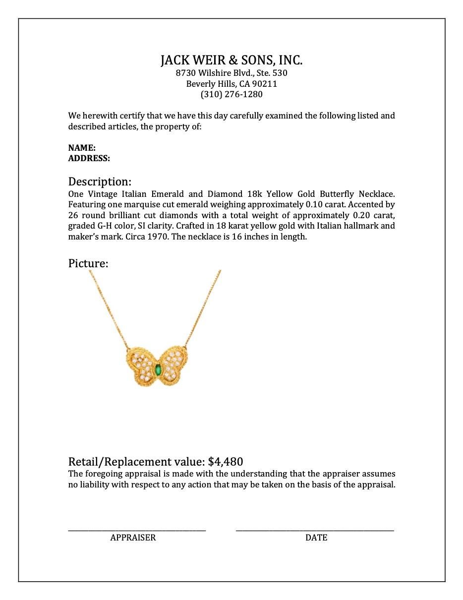 Vintage Italian Emerald and Diamond 18k Yellow Gold Butterfly Necklace For Sale 1