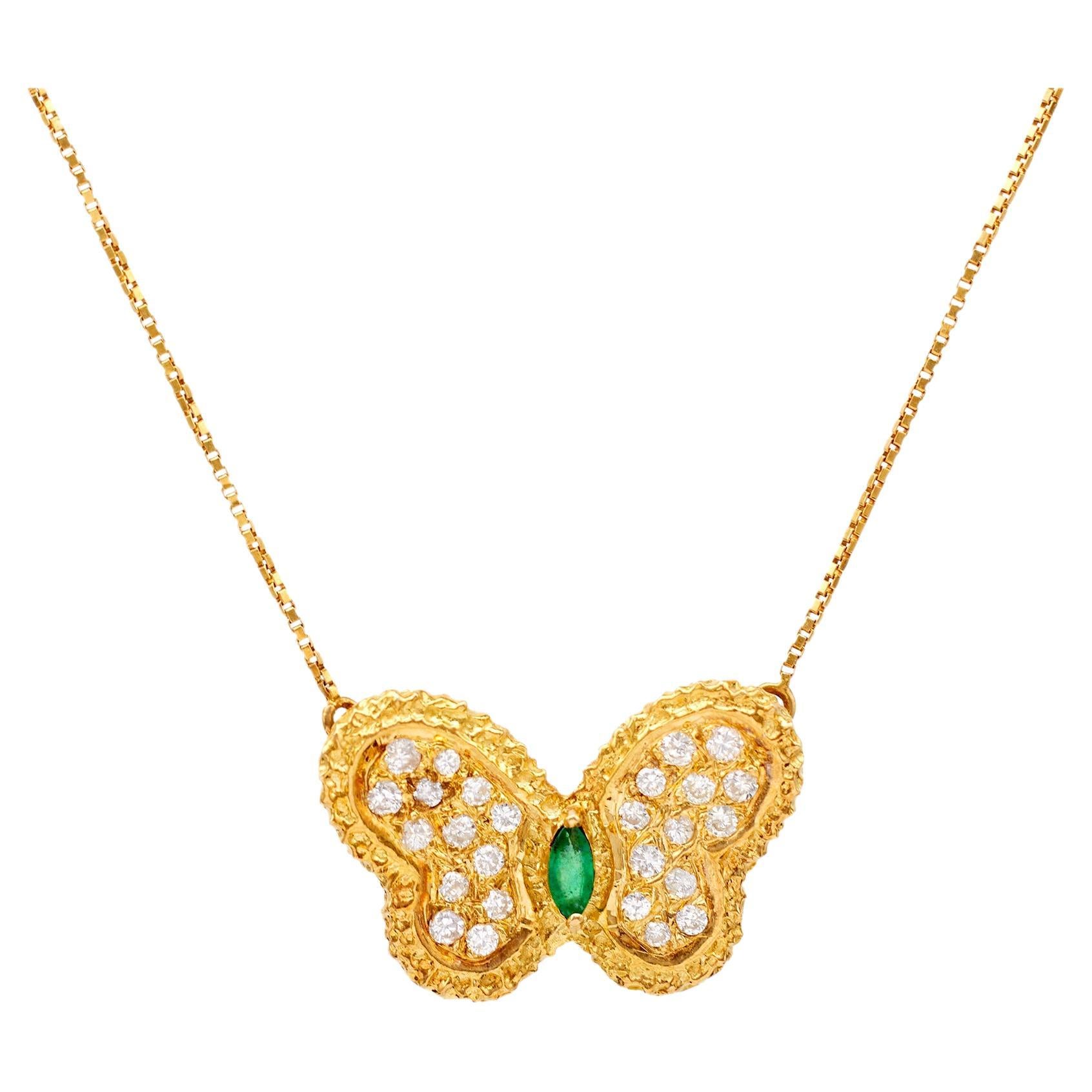 Vintage Italian Emerald and Diamond 18k Yellow Gold Butterfly Necklace For Sale