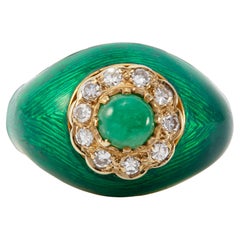 Vintage Italian Emerald and Diamond 18k Yellow Gold Green Enamel Dome Ring