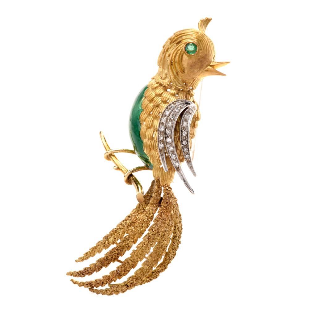 This stunning Italian brooch is crafted in 18K Yellow & White Gold and is adorned with 23 genuine round cut Diamonds approx: 0.30cttw , H-I color VS1, pave set.  Showcasing a finely crafted Quetzal bird on a branch motif, this brooch pin is also