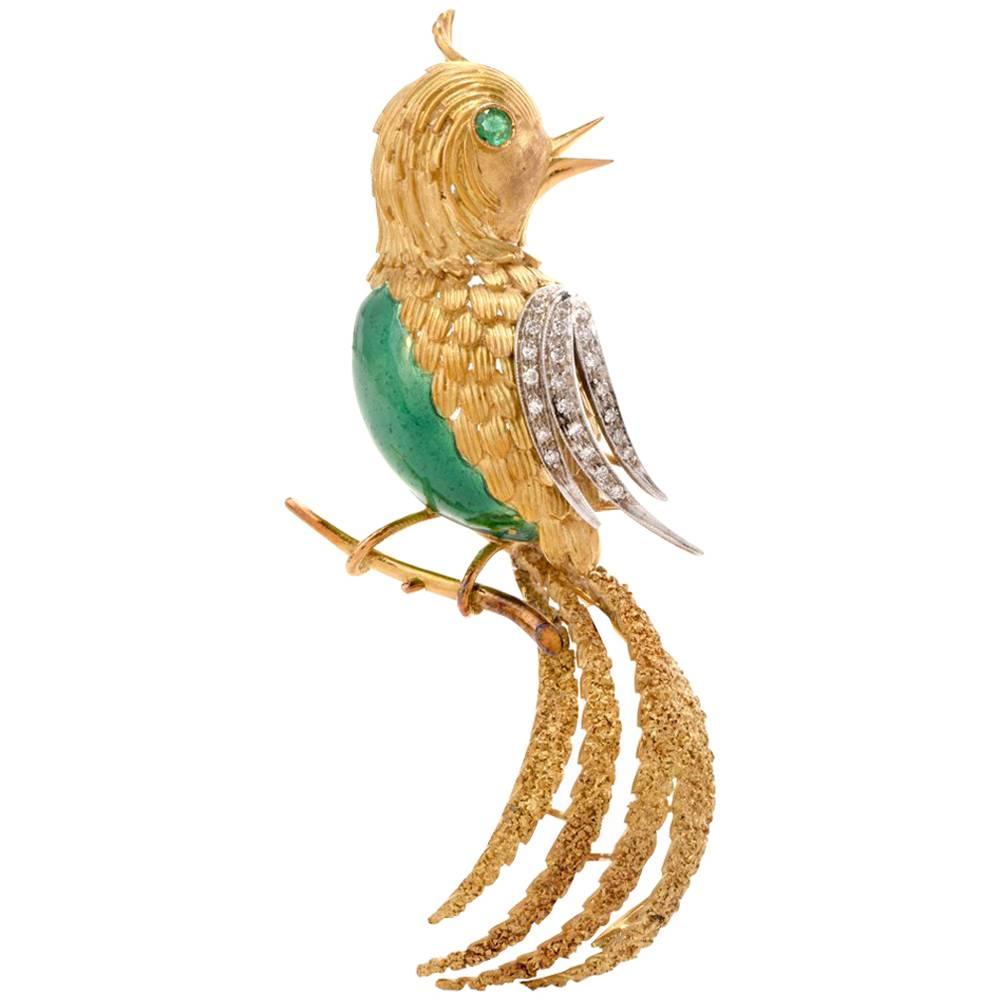 Vintage Italian Emerald Diamond 18 Karat Gold Bird Pin Brooch