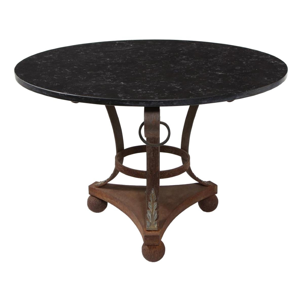 Vintage Italian Empire Style Wrought Iron Coffee Table with Black Marble Top