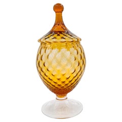 Vintage Italian Empoli Amber Optic Glass Apothecary Candy Jar with Lid