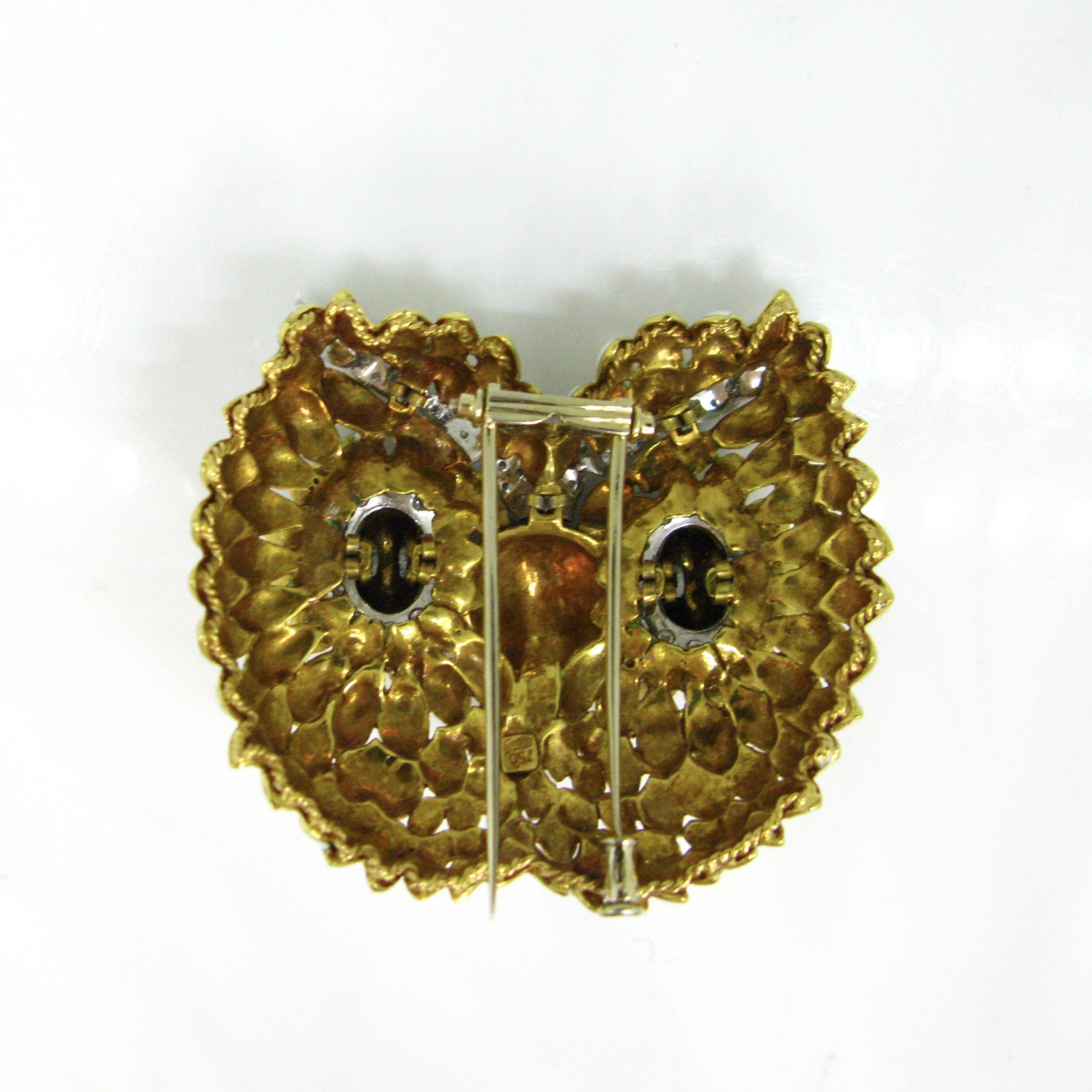 Vintage Italian Enamel Diamonds Owl Brooch, 18kt Gold, circa 1970 1