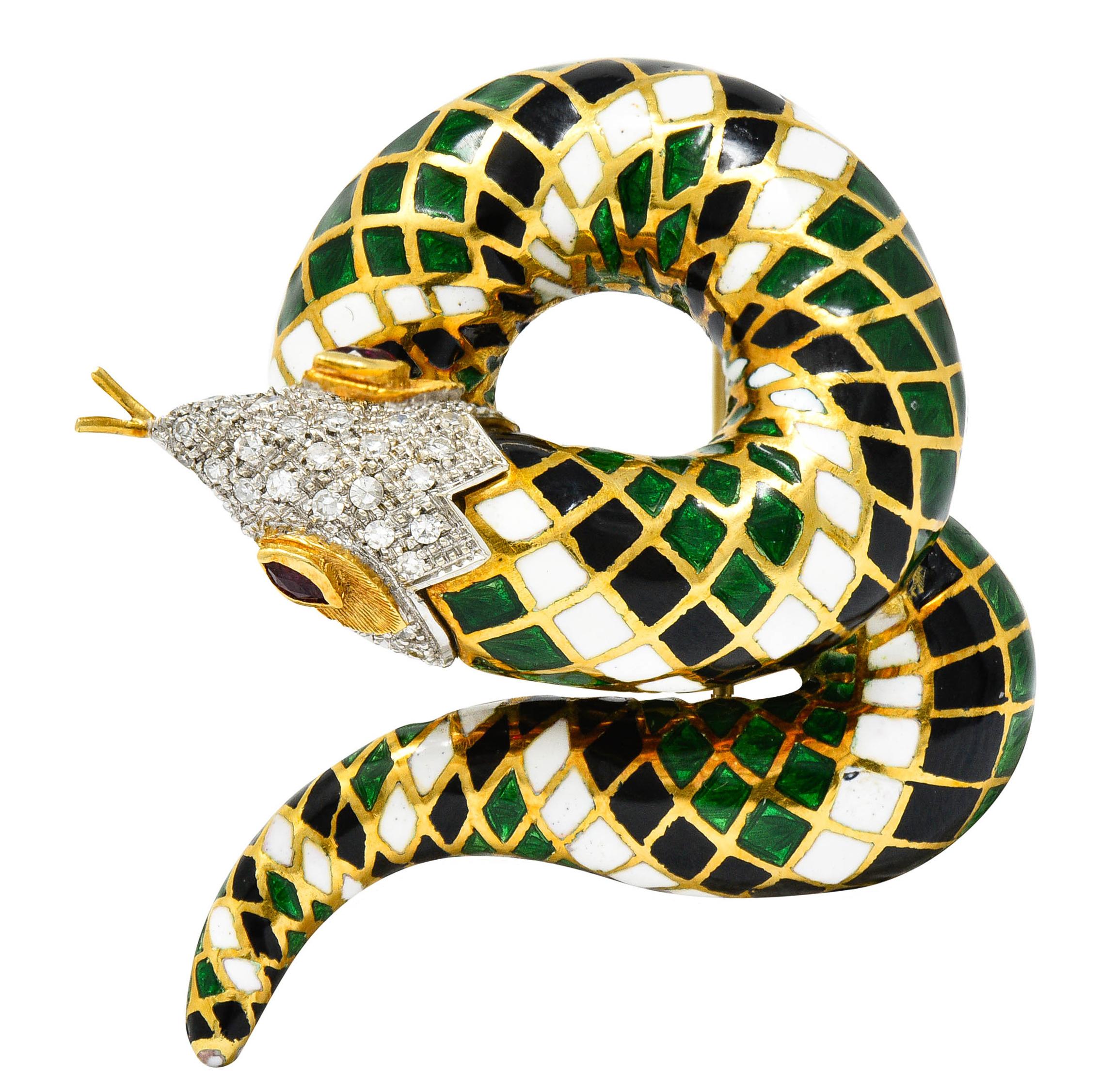 Vintage Italian Enamel Pave Diamond Ruby 18 Karat Gold Snake Brooch 4