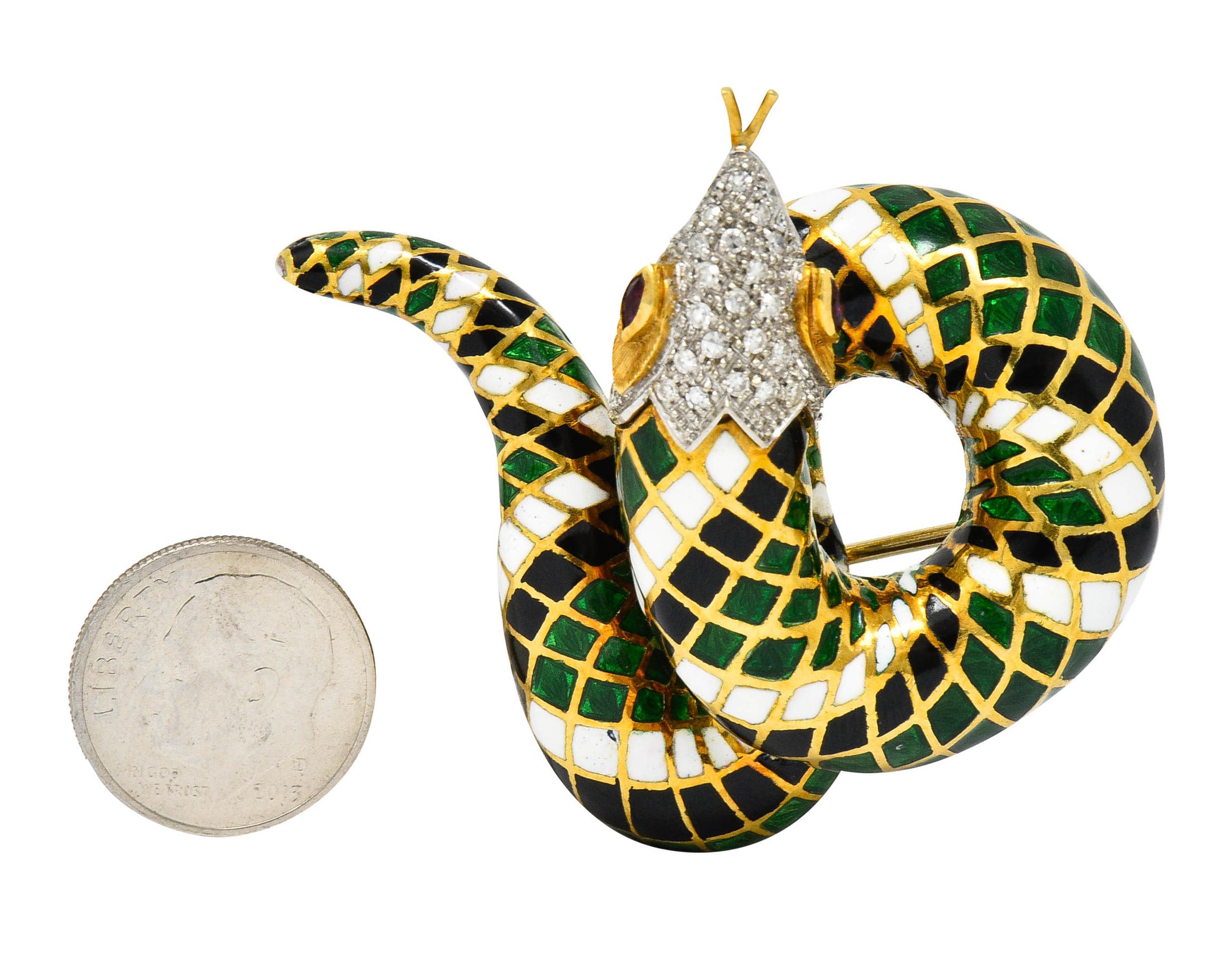 Vintage Italian Enamel Pave Diamond Ruby 18 Karat Gold Snake Brooch 5