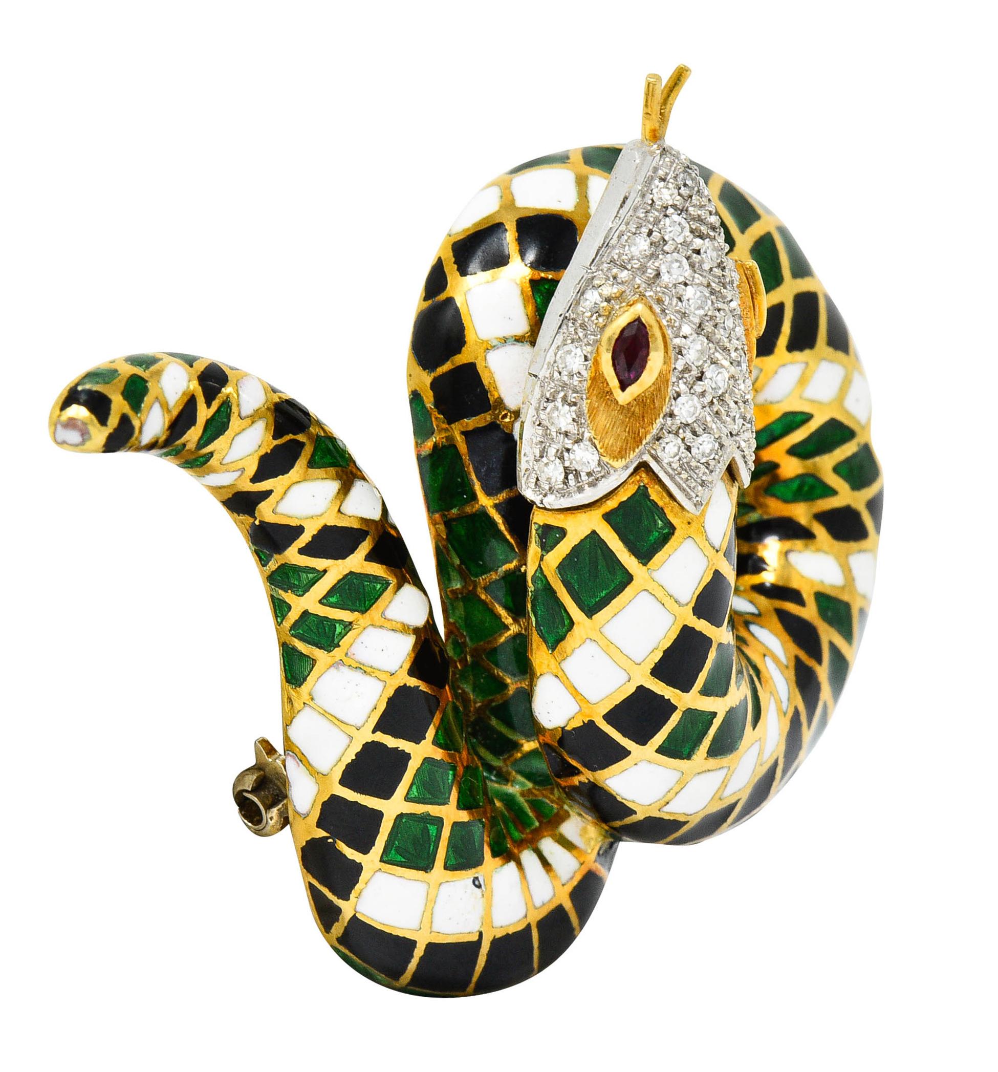 Designed as a coiling snake featuring a harlequin scale pattern throughout

Glossed with green, white, and black enamel that exhibits some loss - consistent with quality and age

Head is pavè set with single cut diamonds weighing in total