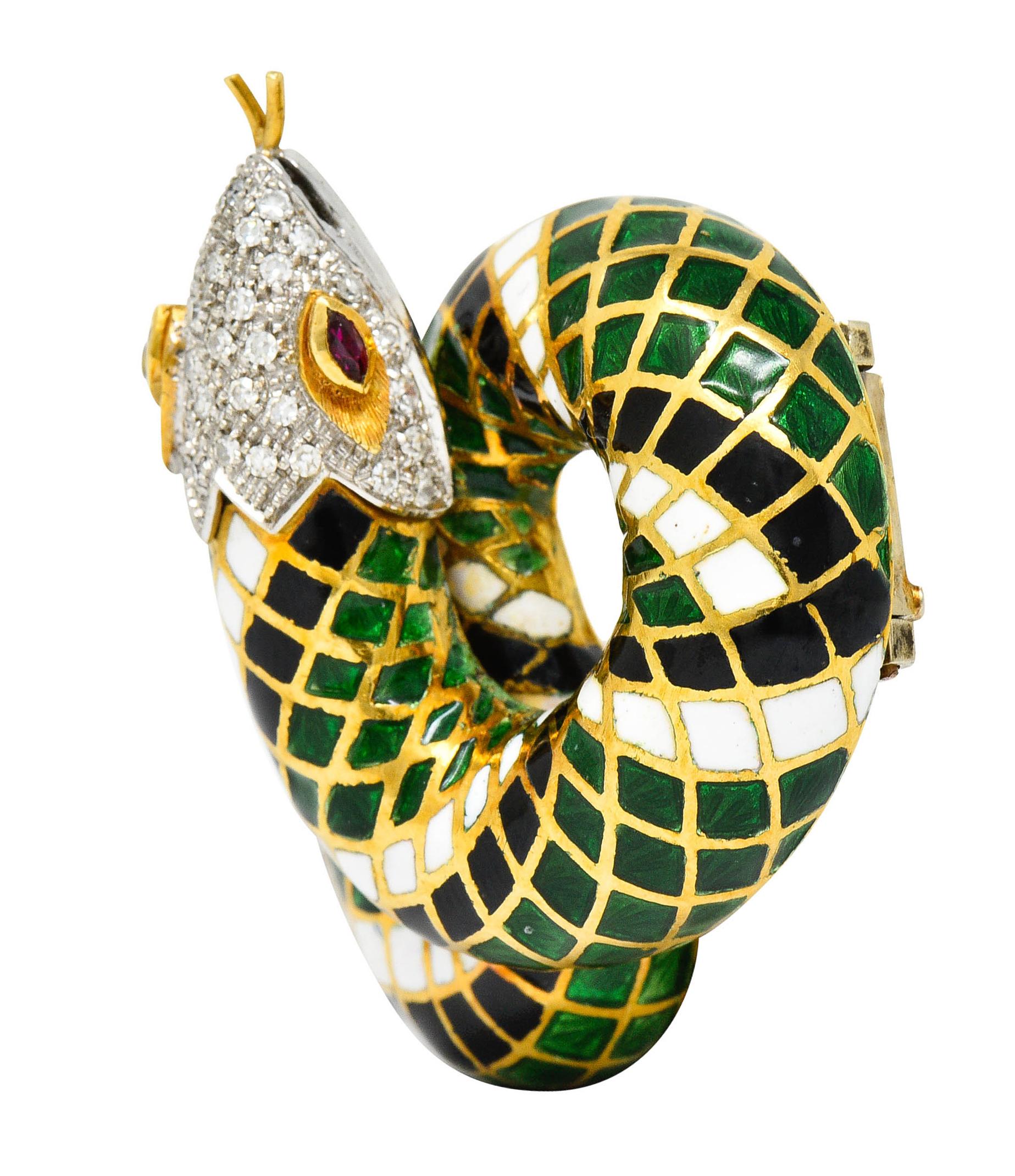 Marquise Cut Vintage Italian Enamel Pave Diamond Ruby 18 Karat Gold Snake Brooch
