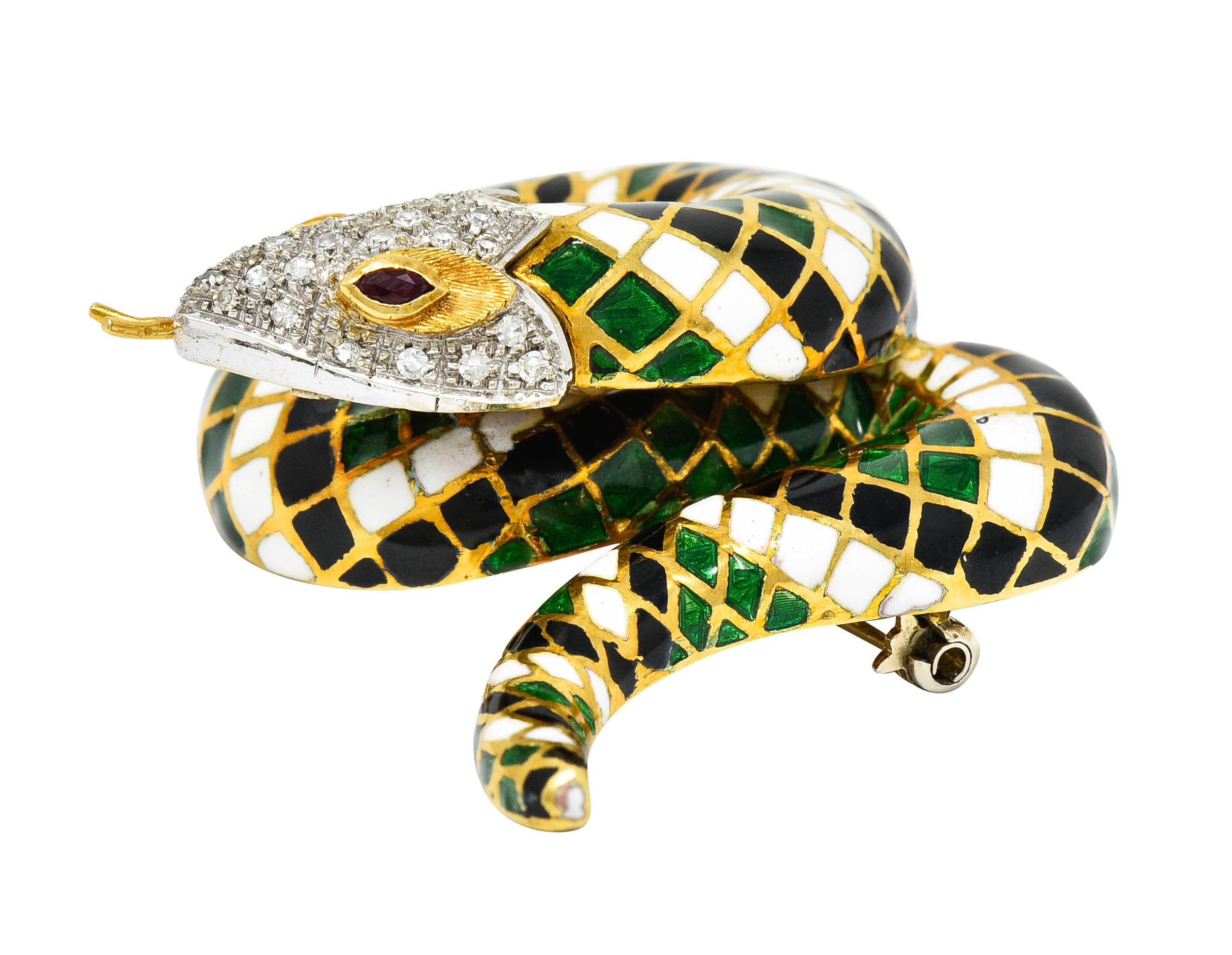 Vintage Italian Enamel Pave Diamond Ruby 18 Karat Gold Snake Brooch In Excellent Condition In Philadelphia, PA