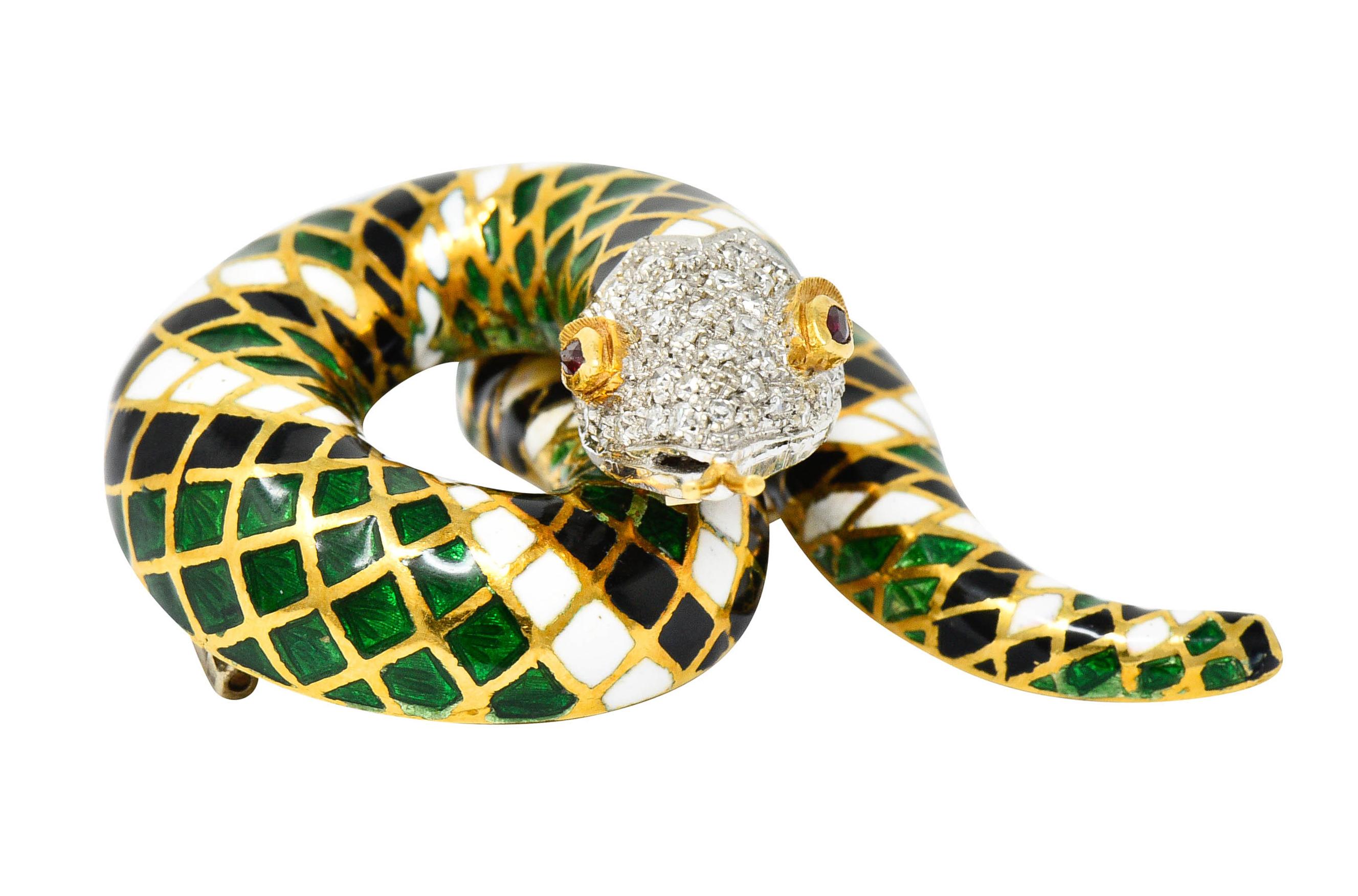 Women's or Men's Vintage Italian Enamel Pave Diamond Ruby 18 Karat Gold Snake Brooch
