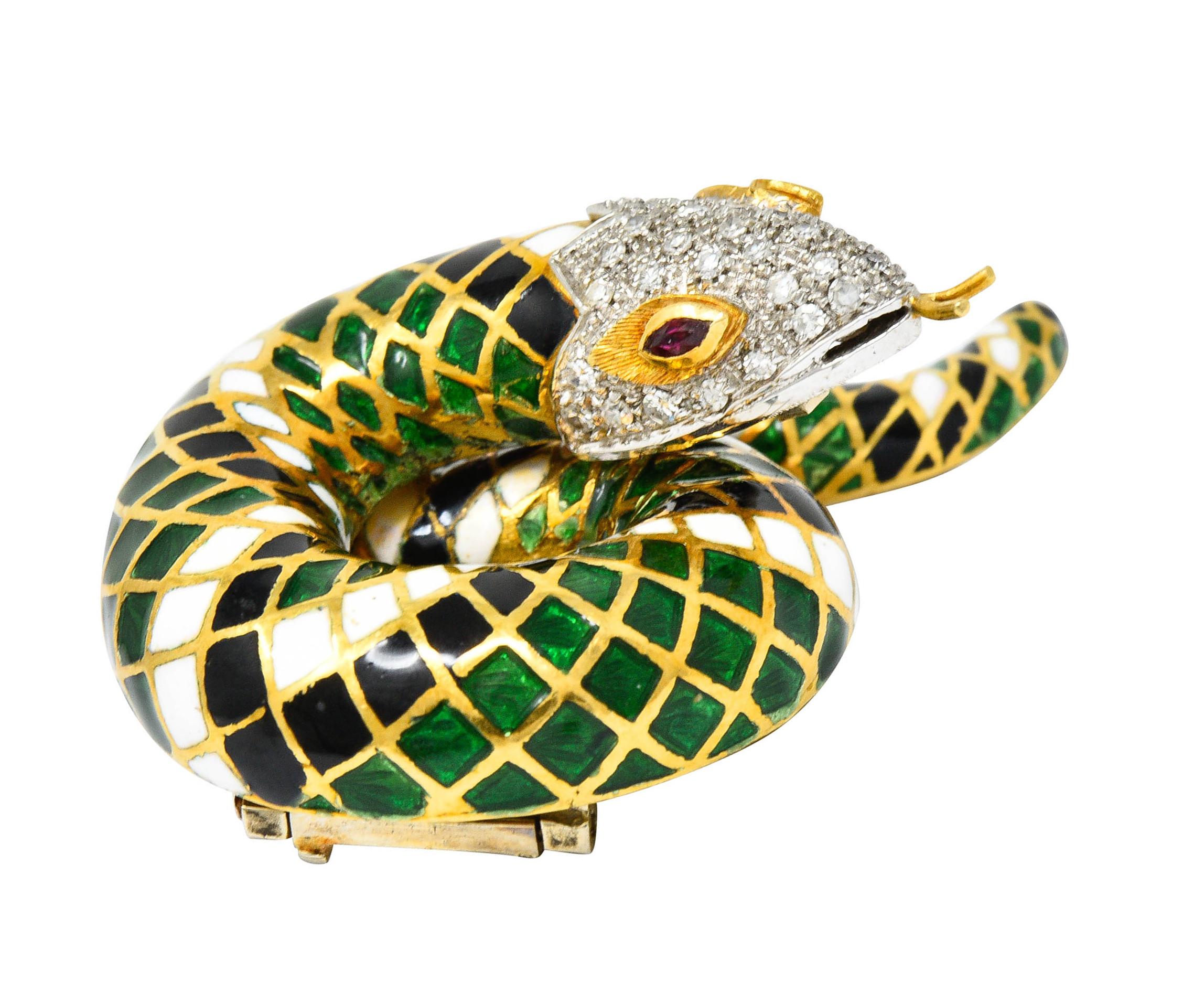 Vintage Italian Enamel Pave Diamond Ruby 18 Karat Gold Snake Brooch 1
