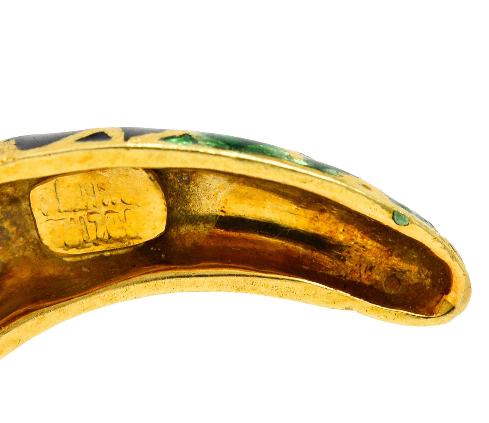 Vintage Italian Enamel Pave Diamond Ruby 18 Karat Gold Snake Brooch 3