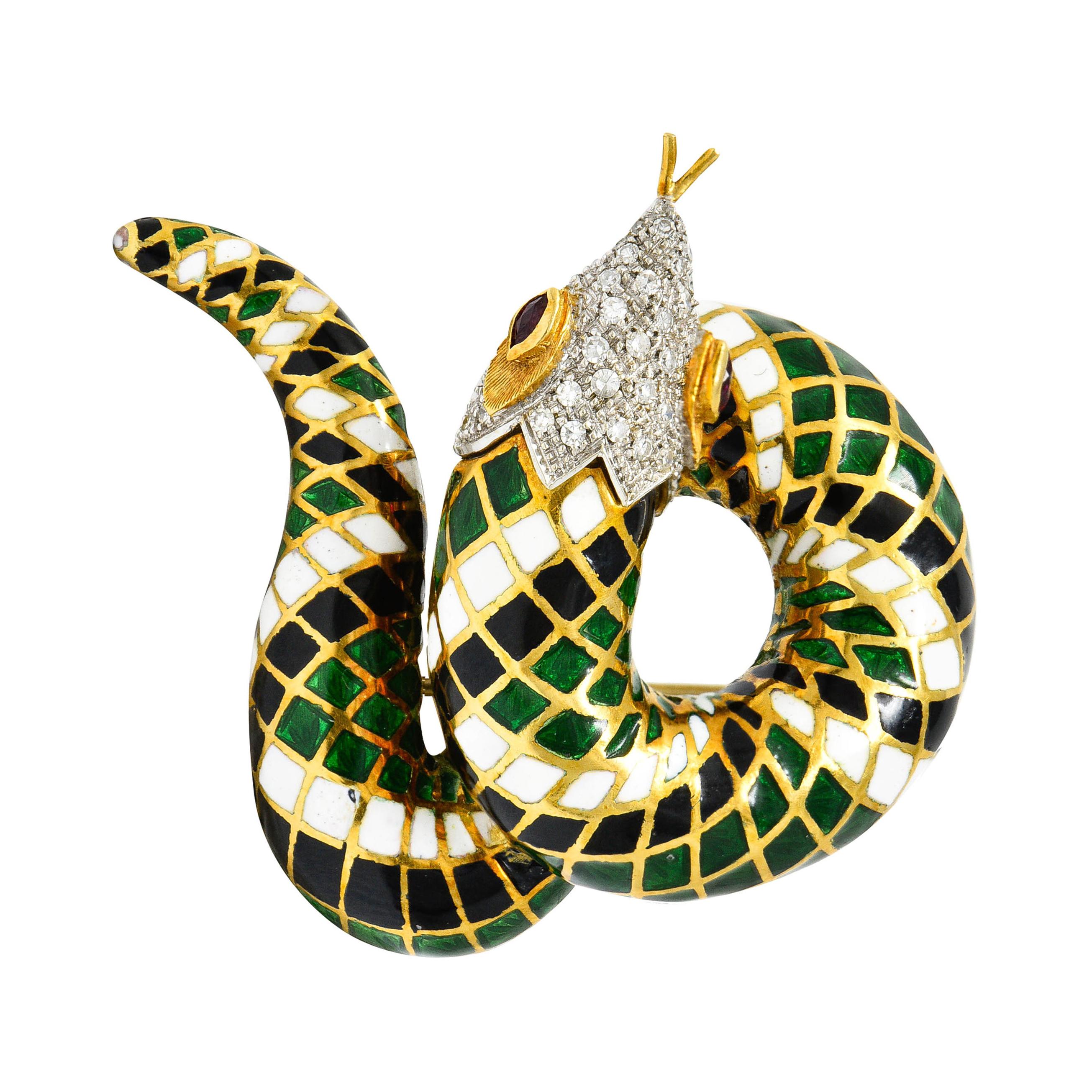 Vintage Italian Enamel Pave Diamond Ruby 18 Karat Gold Snake Brooch