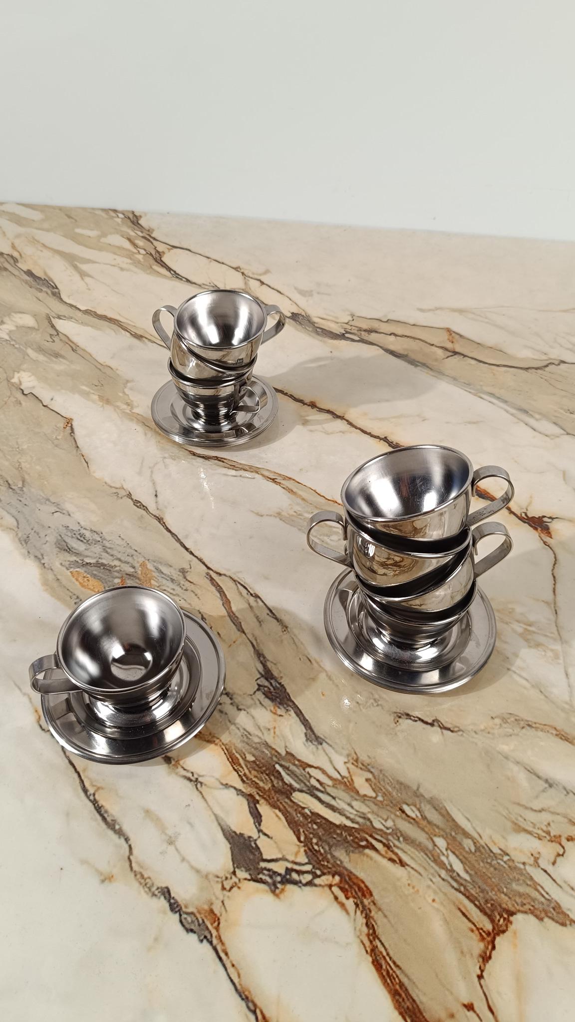 20ième siècle Set de tasses à café espresso italiennes vintage en acier inoxydable, années 70 en vente