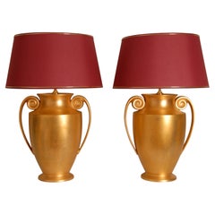 Vintage Italian Etruscan Vase Lamps Modern Gold Red Ceramic Table Lamps a pair