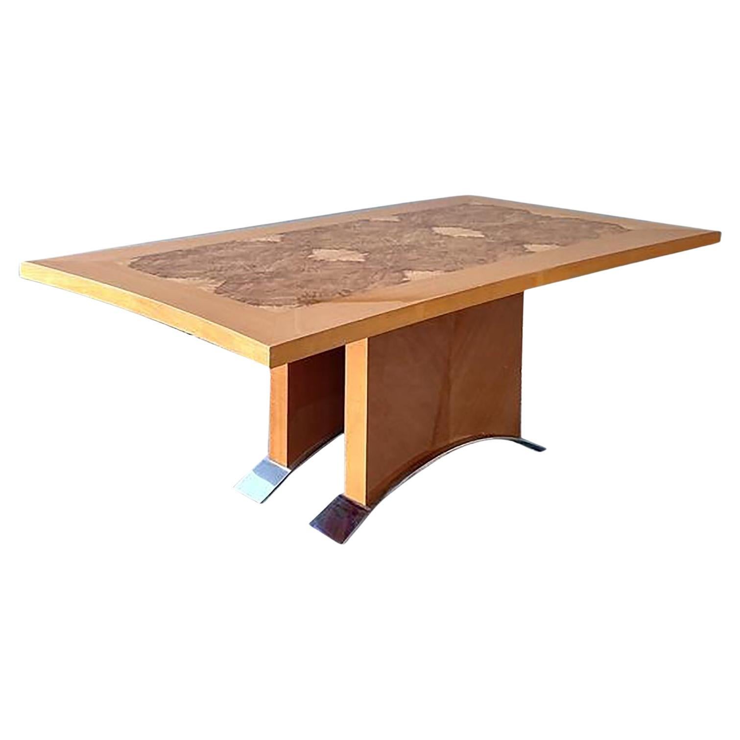 Vintage Italian Extendable Burl Wood and Chrome Dining Table
