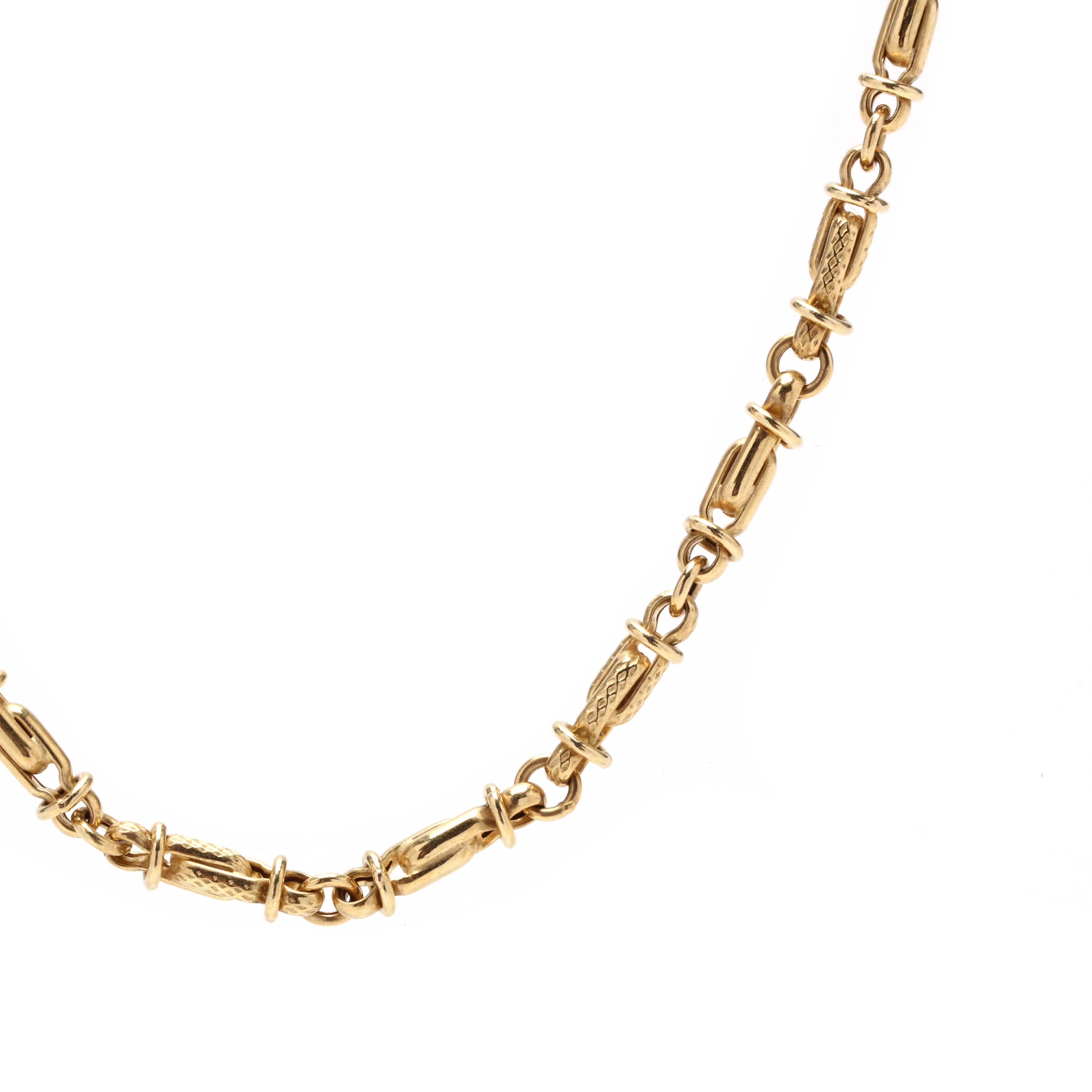 Una cadena de eslabones de fantasía italiana vintage de oro amarillo de 14 quilates. Esta elegante cadena tiene eslabones pulidos y texturizados con un cierre de langosta.

Longitud: 23,5 pulg.

Anchura: 3.9 mm

Peso: 7,8 dwts. / 12,13