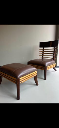 Vintage Italian faux bamboo chair with footstool leather