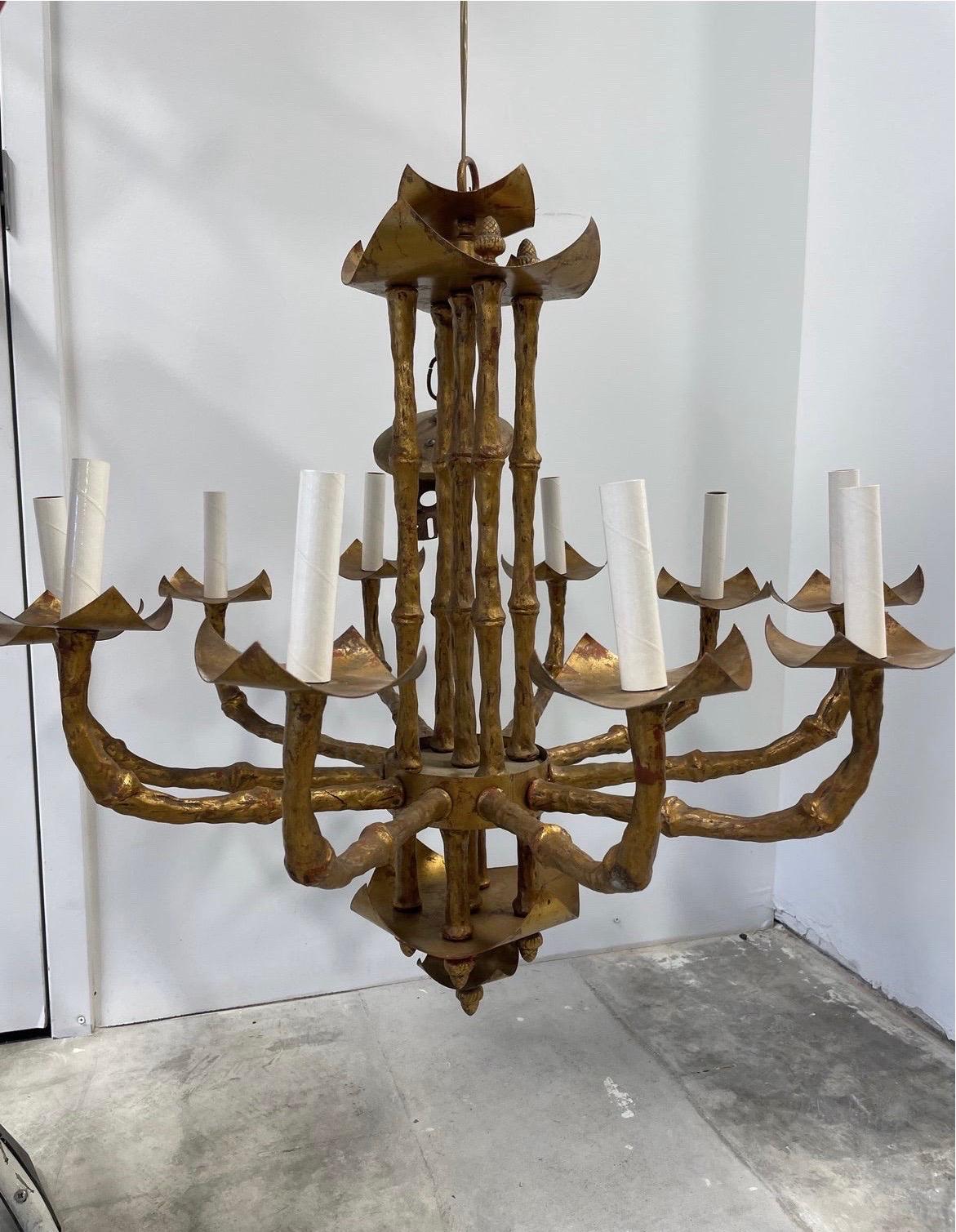 Brass Vintage Italian Faux Gilt Bamboo Chinoiserie 10 Light Chandelier For Sale