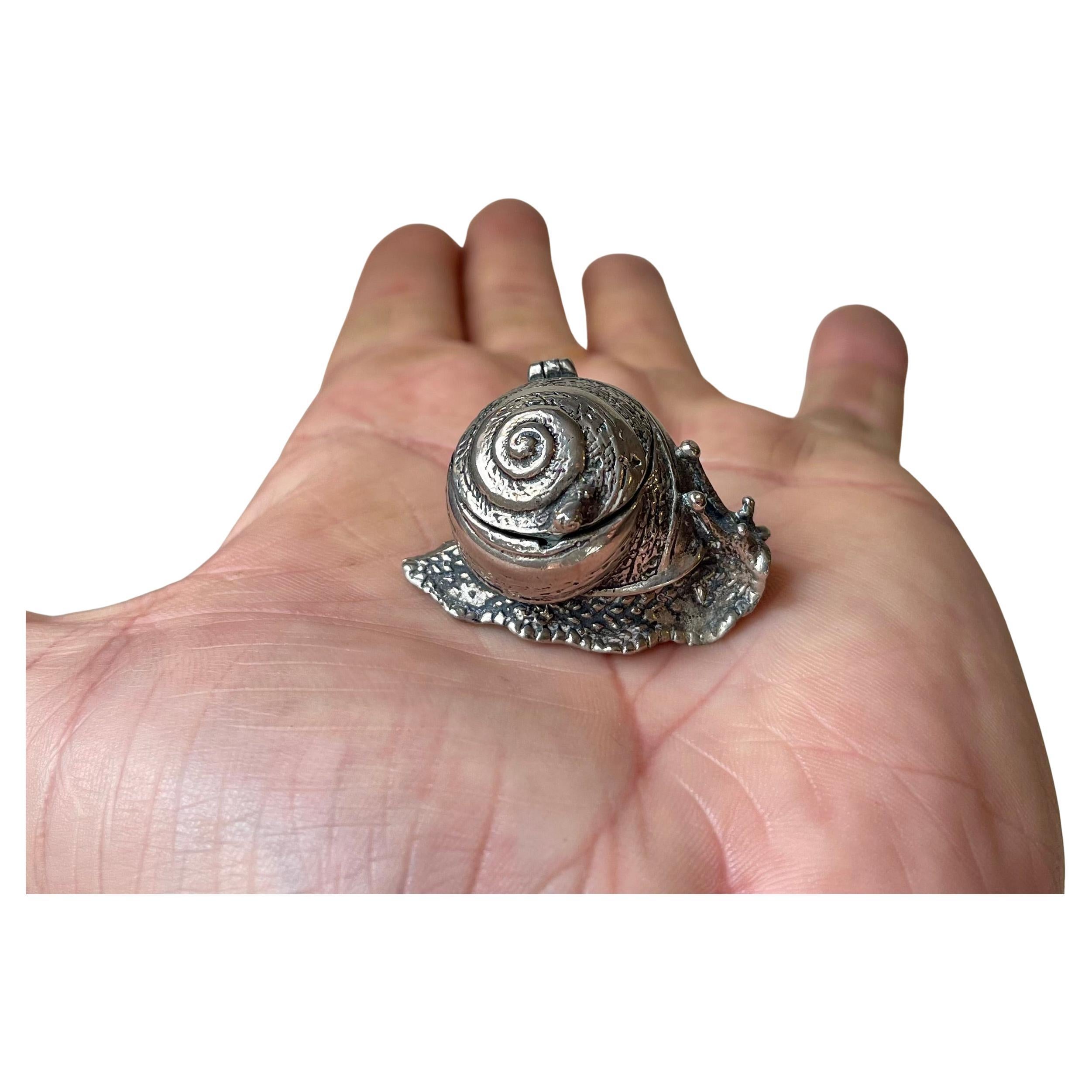 Vintage Italian Figural Snail Pill Box in White Metal