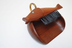 Vintage Italian "Fish" Crumb Brush and Pan in Teak and Brass