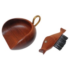 Vintage Italian "Fish" Crumb Brush and Pan in Teak and Brass