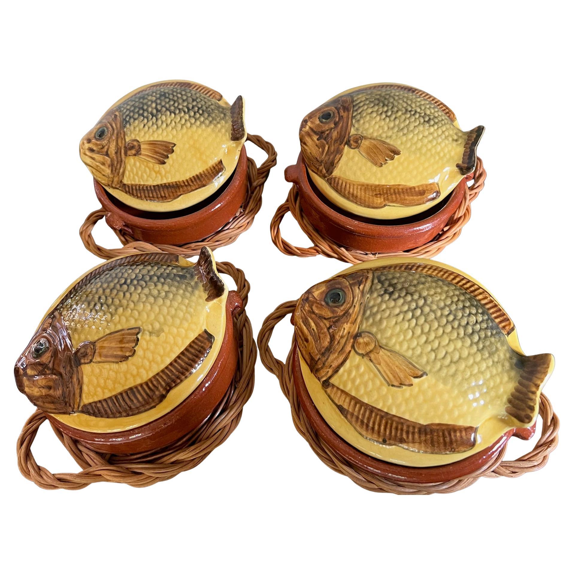 Vintage Italian Fish Form Soup Bowls on Baskets-Set of 4