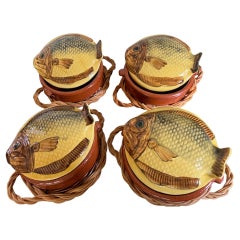 Vintage Italian Fish Form Soup Bowls on Baskets-Set of 4