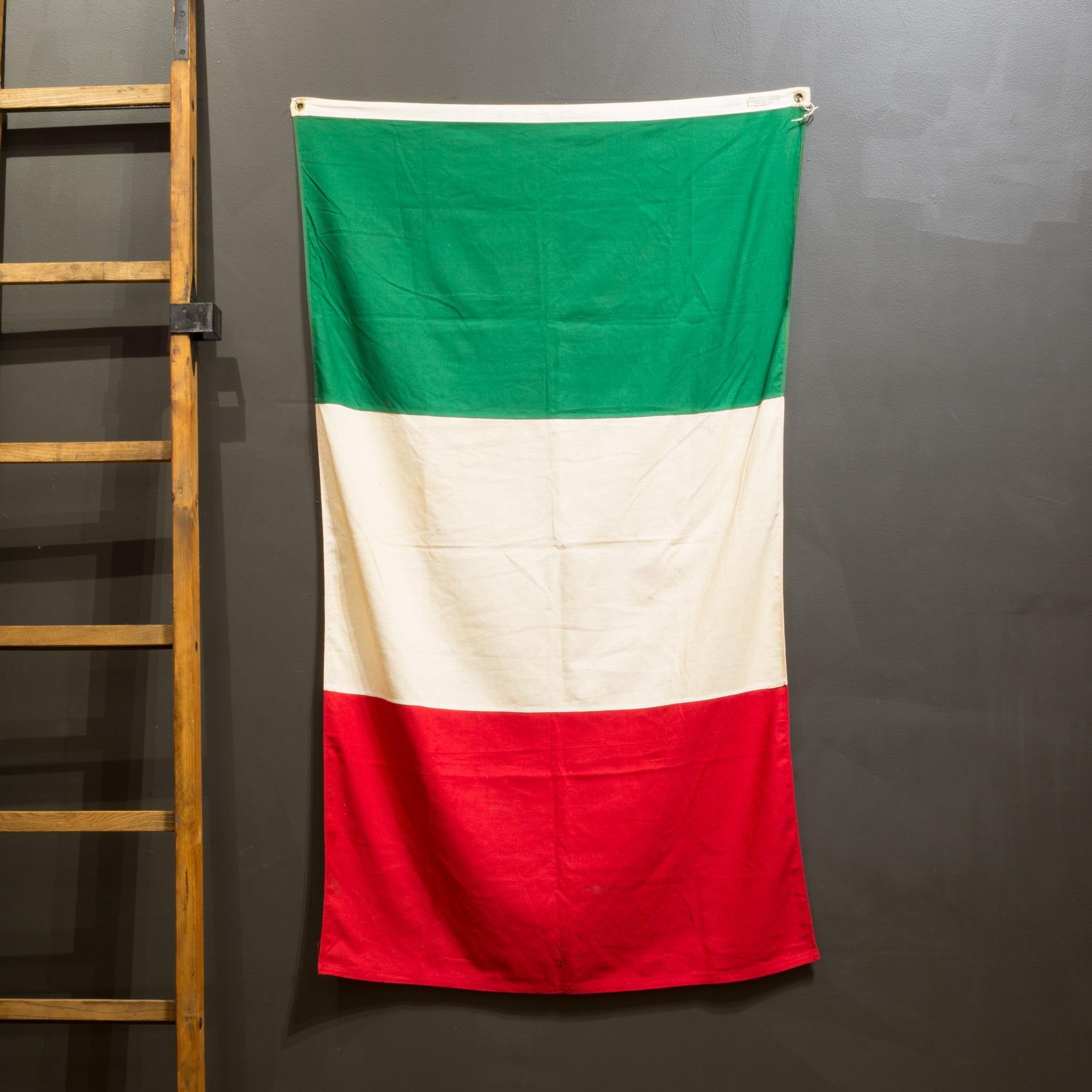ABOUT

An original Italian flag with brass grommets to hang it.

    CREATOR American Flag and Banner Company, San Francisco.
    DATE OF MANUFACTURE c.1940-1950.
    MATERIALS AND TECHNIQUES Cotton, Brass. 
    CONDITION Good. Wear consistent with