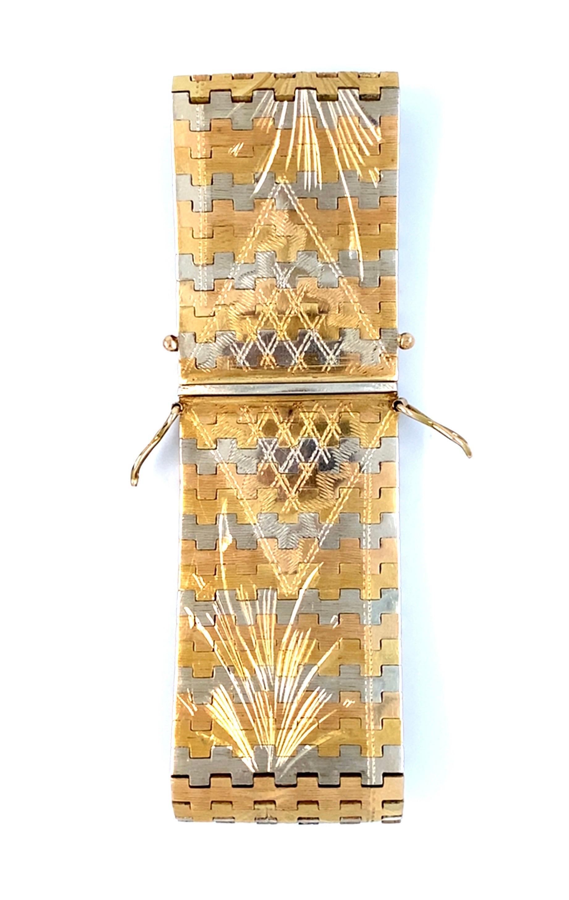 Vintage Italian Flat Two Tone Gold Bracelet For Sale 8