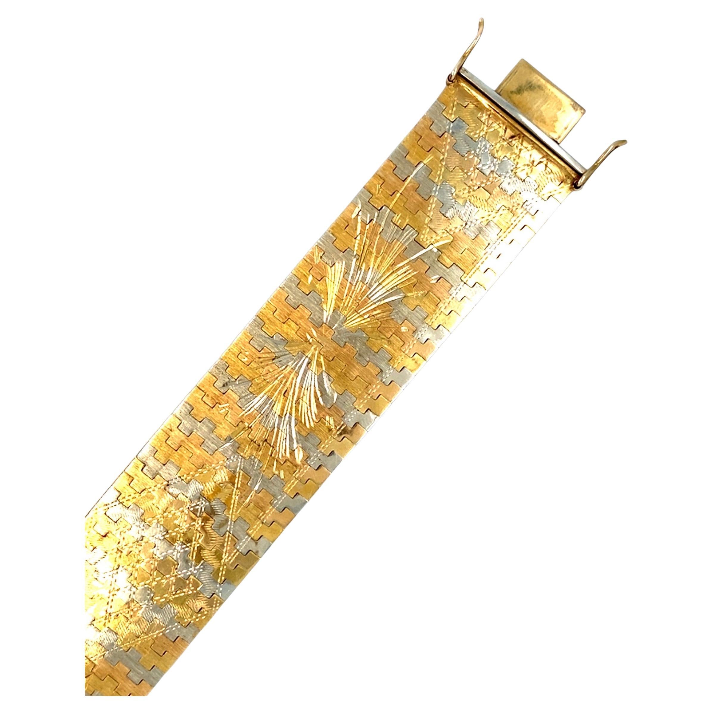 Retro Vintage Italian Flat Two Tone Gold Bracelet For Sale