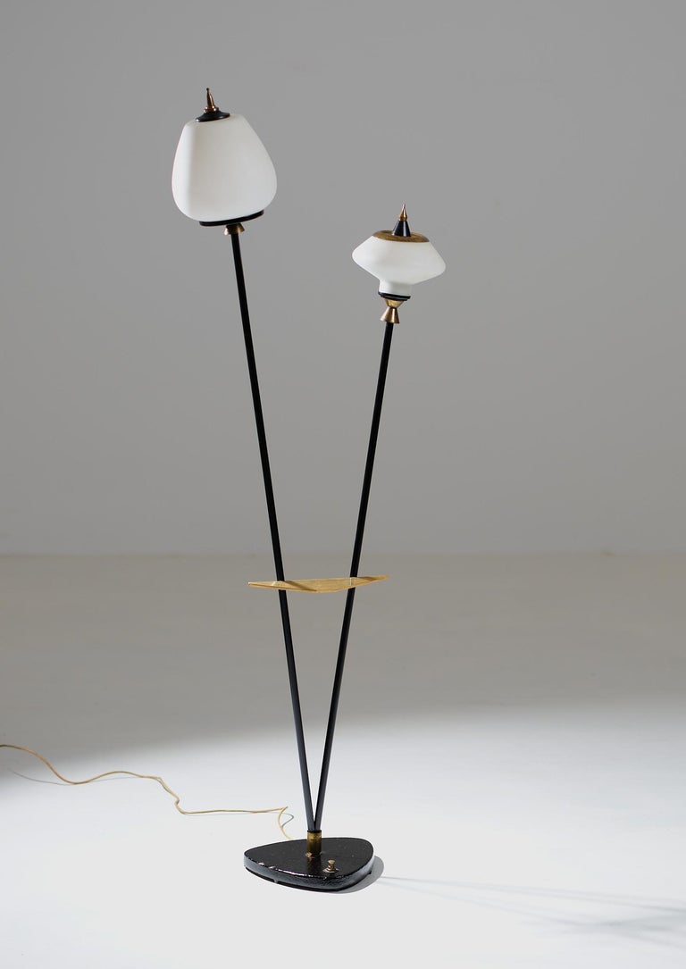 Vintage Italian Floor Lamp in Black Steel, Brass and Opaline Glasses ...