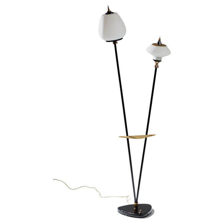 Vintage Italian Floor Lamp in Black Steel, Brass and Opaline Glasses ...