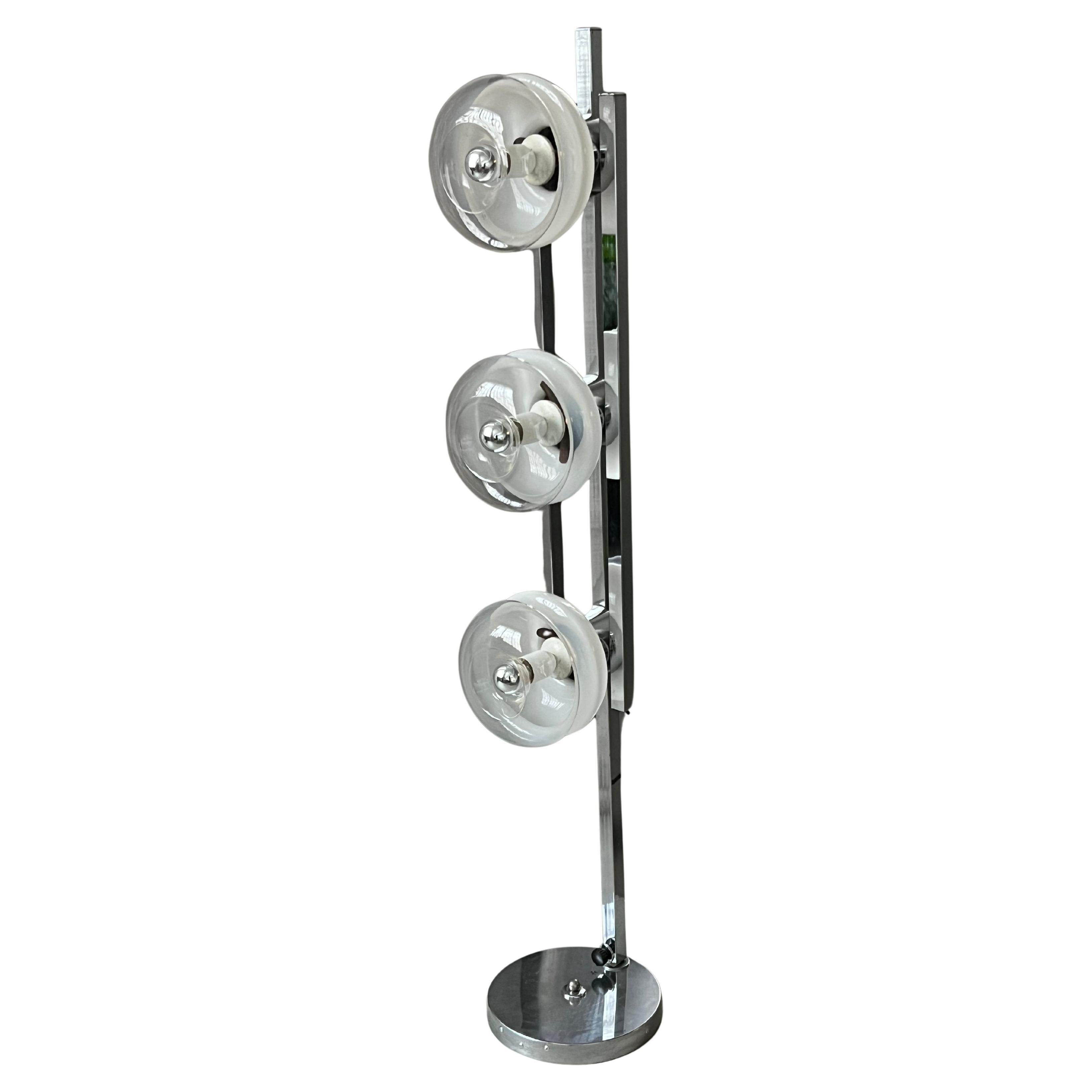 Vintage Italian Floor Lamp in Chromed Metal and Glass with Three Faded Shades