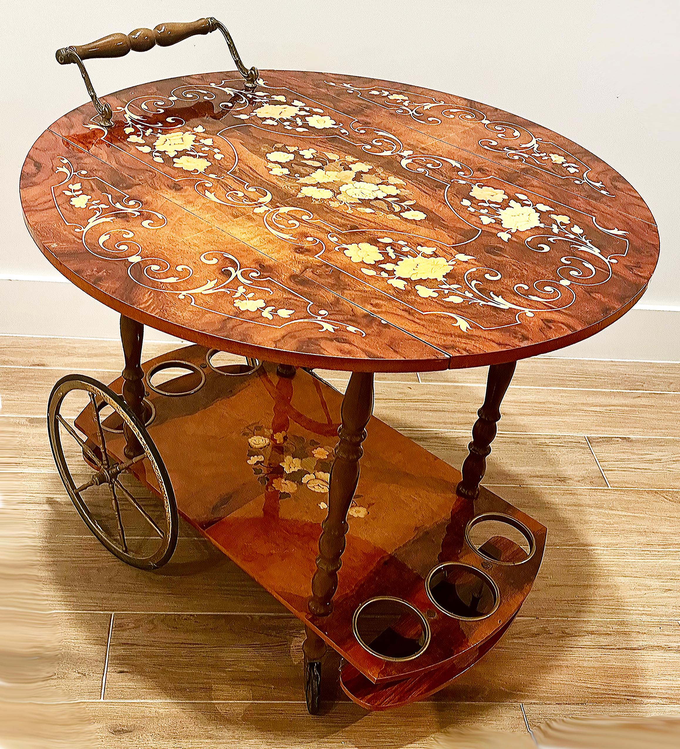 Vintage Italian Floral Inlay Rolling Bar Tea Cart, Drop Leaf Sides In Good Condition For Sale In Miami, FL