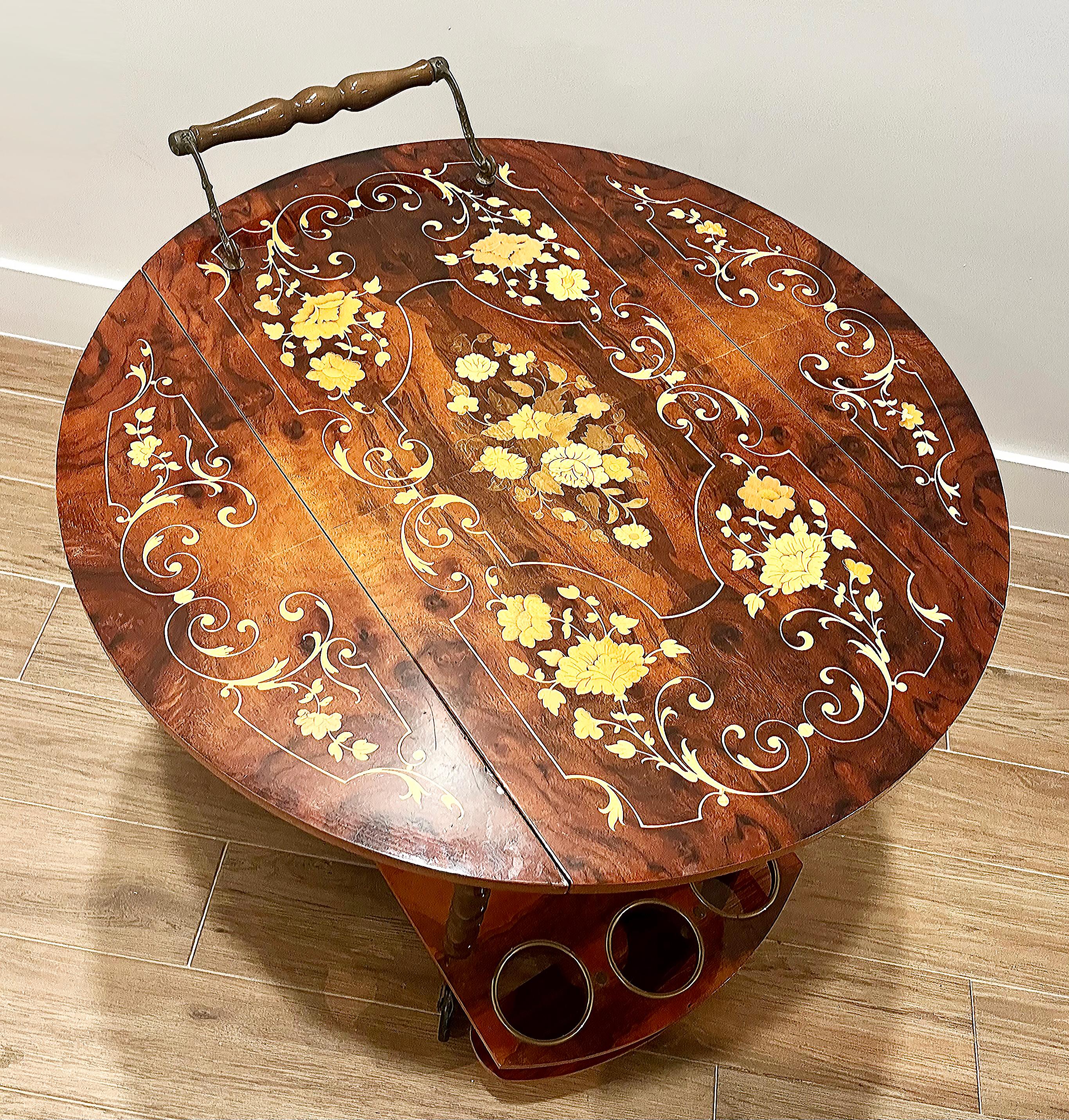 20th Century Vintage Italian Floral Inlay Rolling Bar Tea Cart, Drop Leaf Sides For Sale