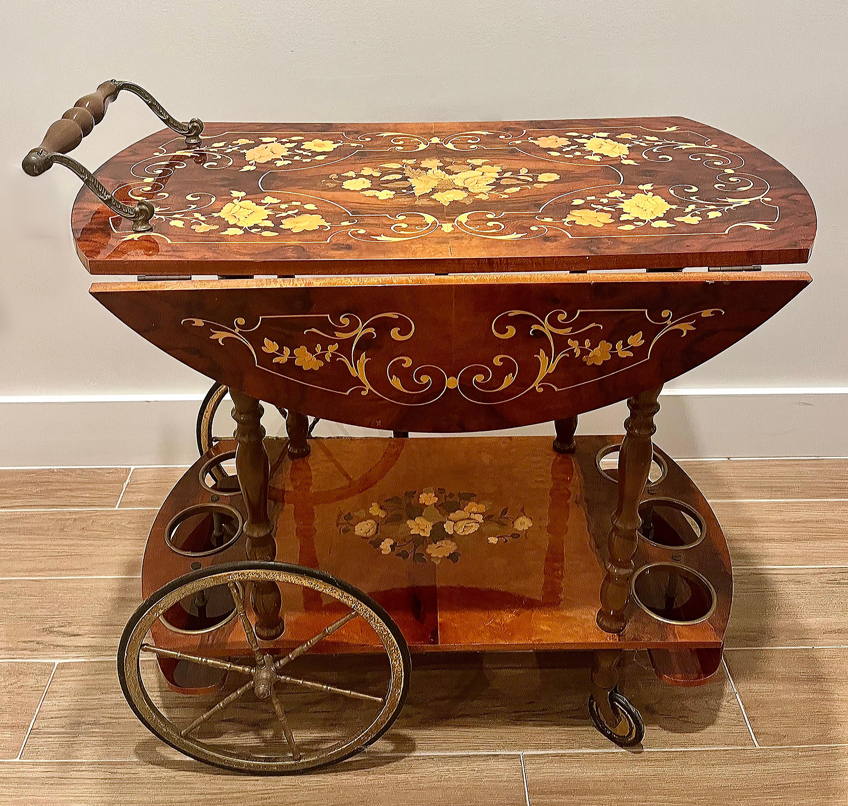 Metal Vintage Italian Floral Inlay Rolling Bar Tea Cart, Drop Leaf Sides For Sale