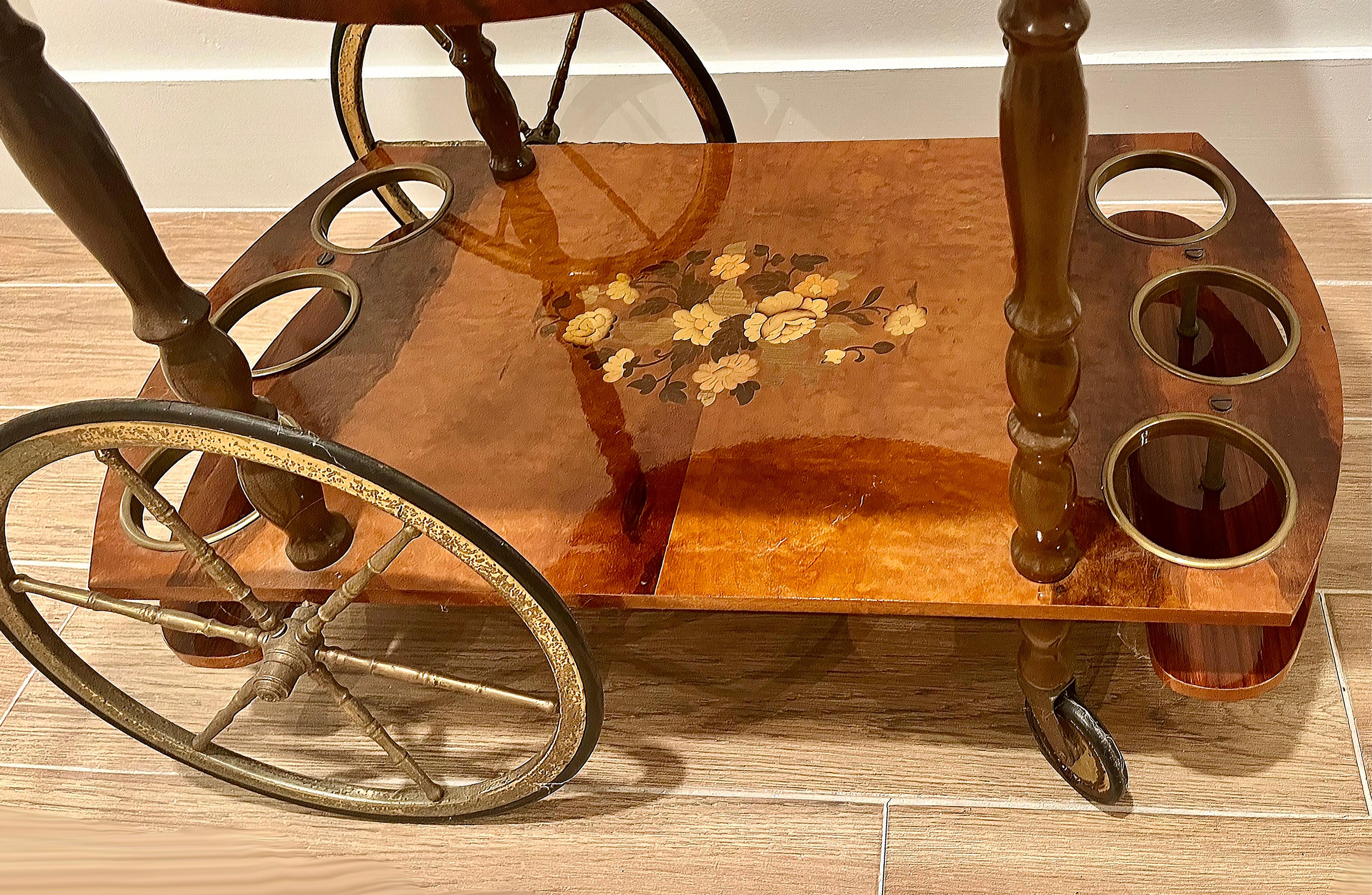 20th Century Vintage Italian Floral Inlay Rolling Bar Tea Cart, Drop Leaf Sides