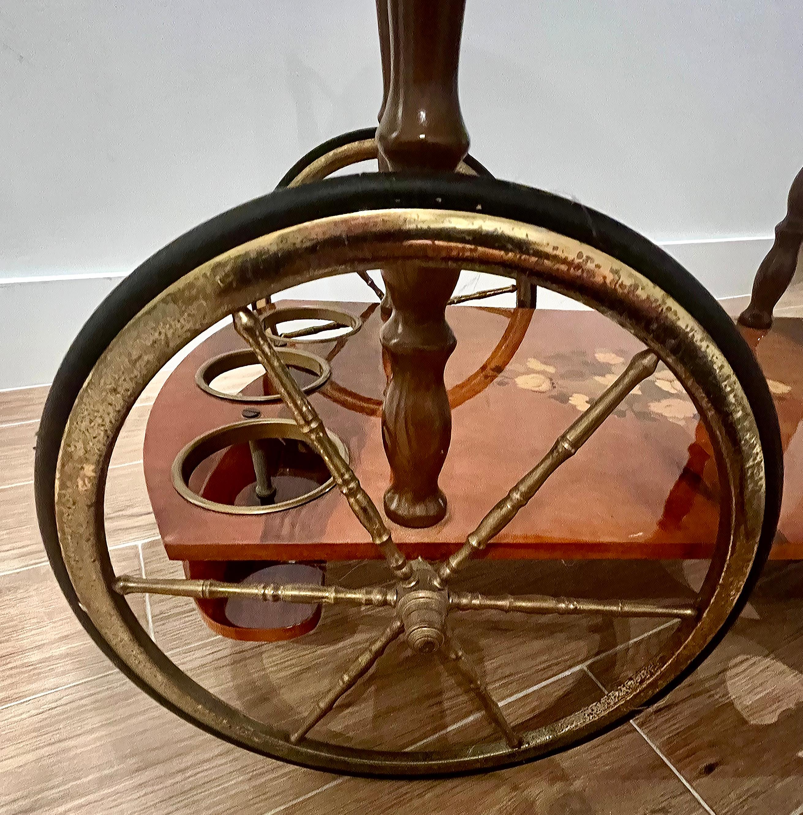 Metal Vintage Italian Floral Inlay Rolling Bar Tea Cart, Drop Leaf Sides