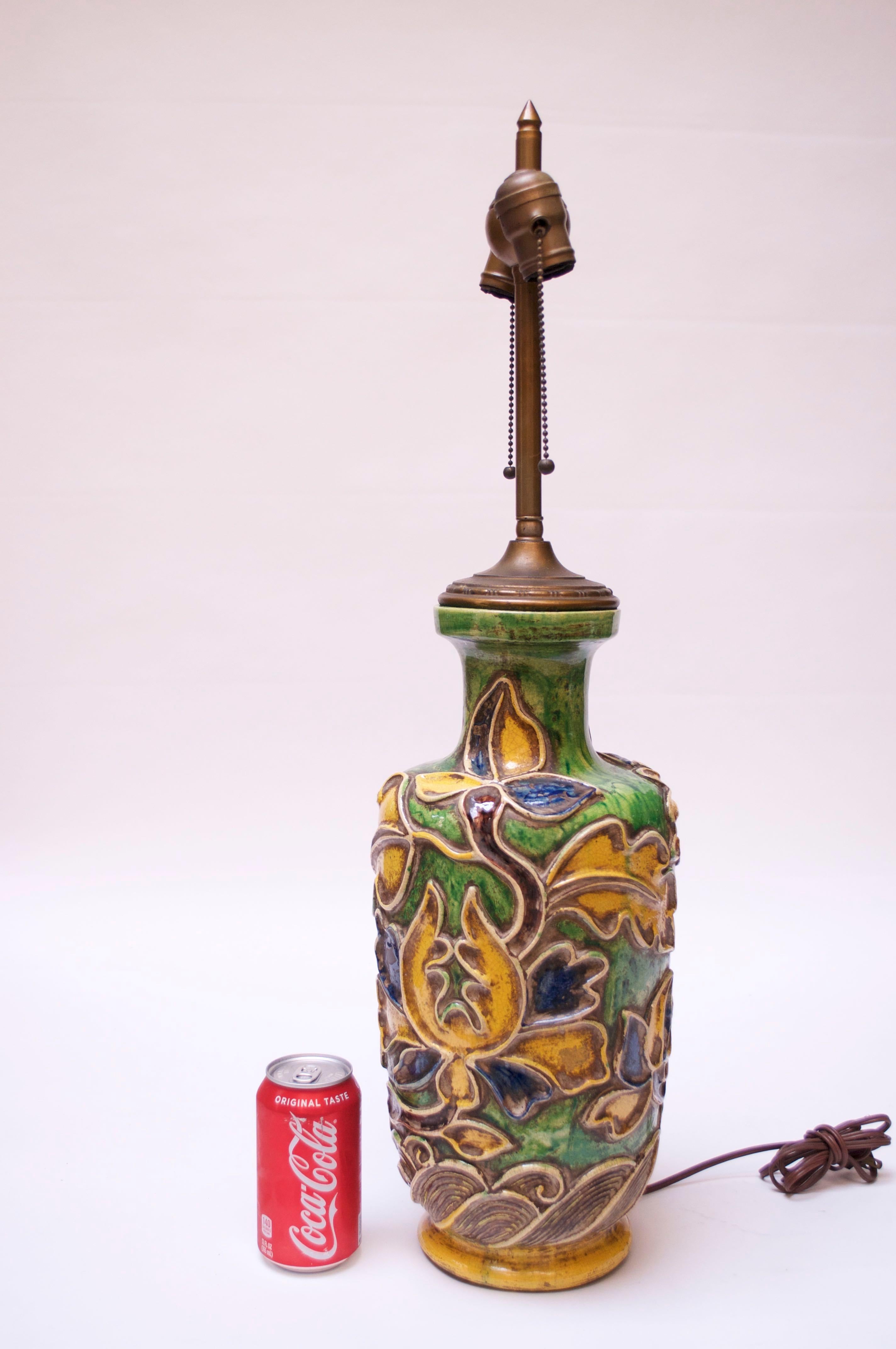 Art Nouveau Vintage Italian Floral Relief Ceramic Lamp by Ugo Zaccagnini For Sale