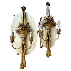 Vintage Italian Floral Sconces, 1960s Pair, Gilt Metal & Porcelain Flowers