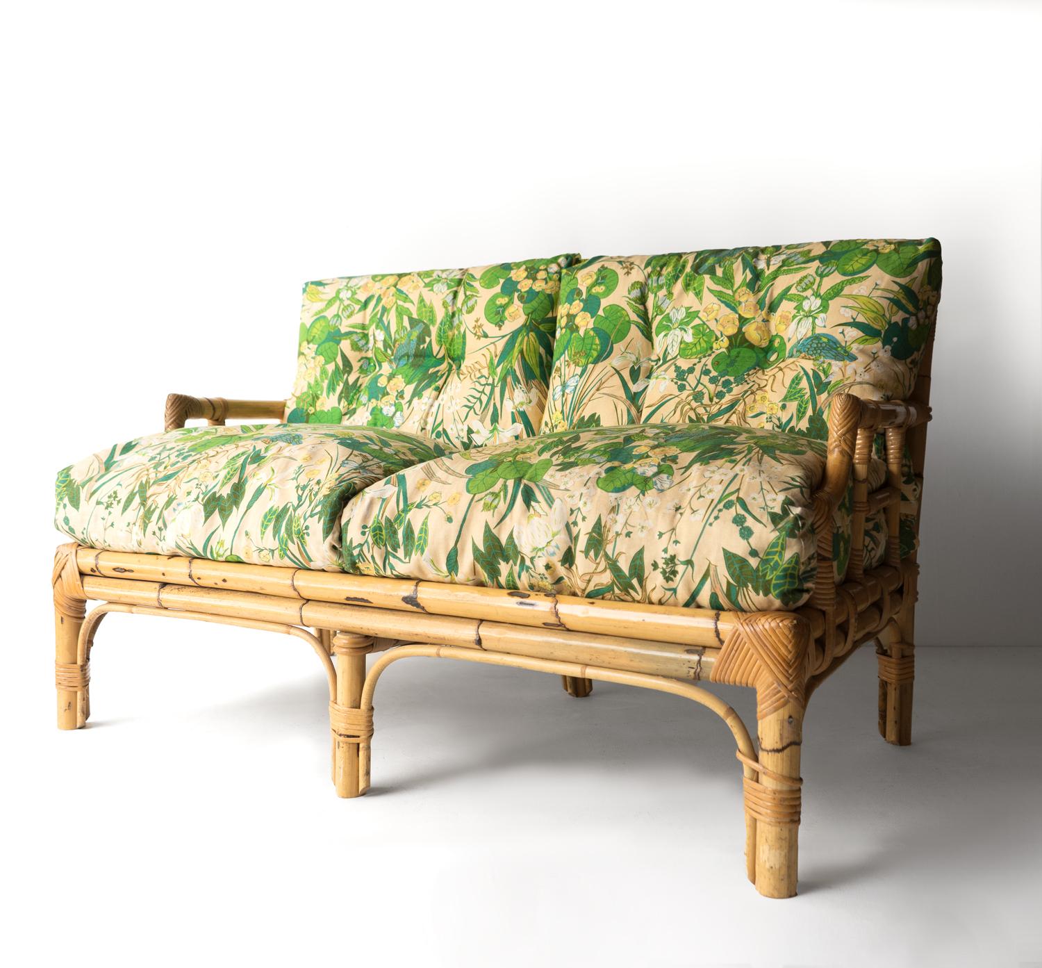 Vintage Italian Floral Upholstered Bamboo And Rattan Sofa By Vivai Del Sud 1970s 1