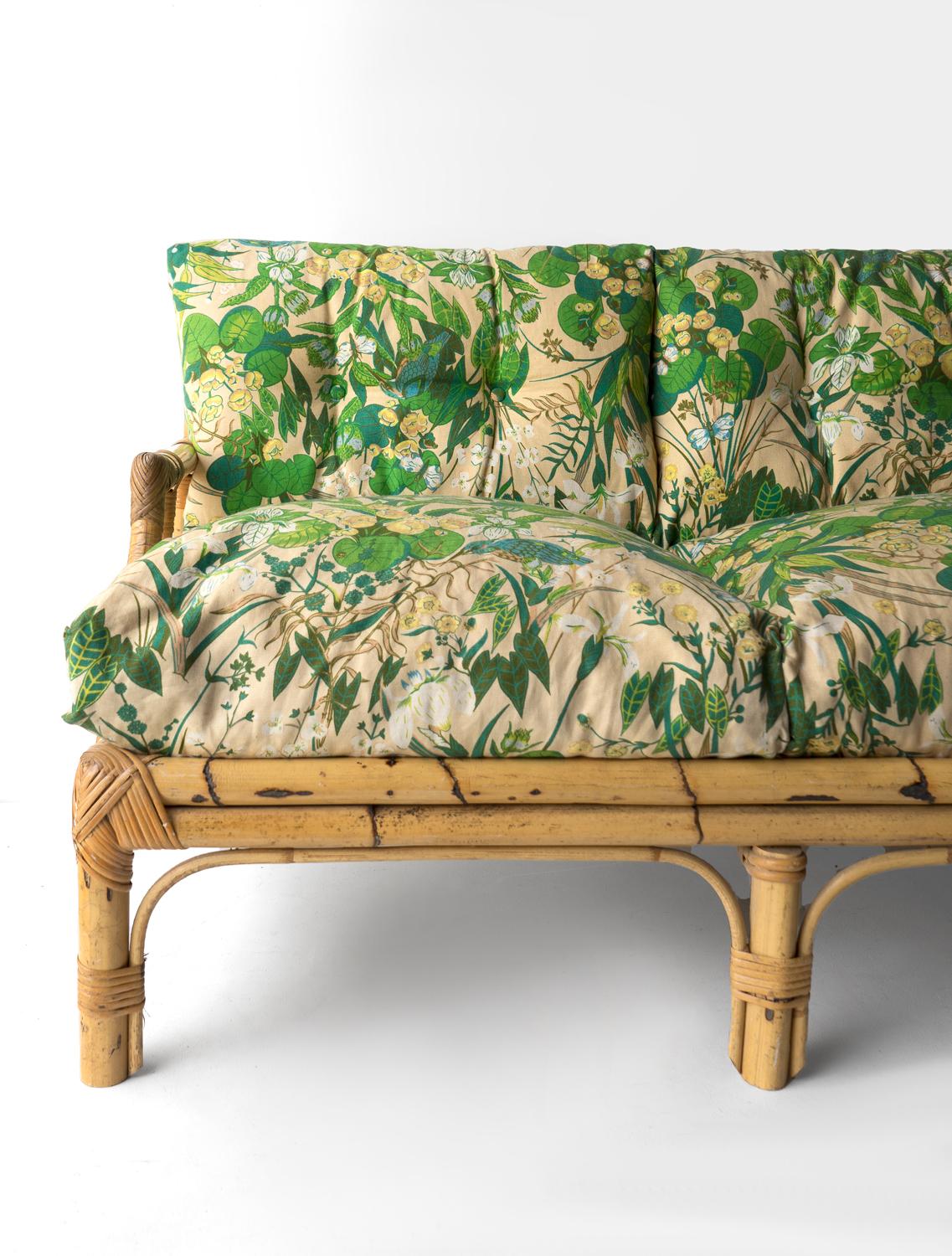 Vintage Italian Floral Upholstered Bamboo And Rattan Sofa By Vivai Del Sud 1970s 2