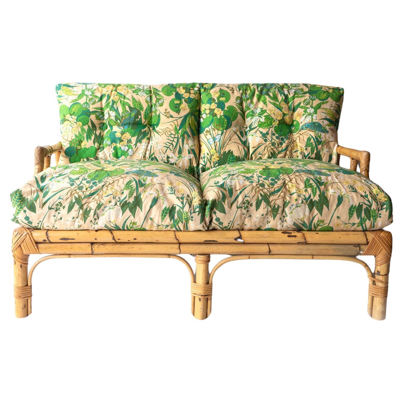 Vintage Italian Floral Upholstered Bamboo And Rattan Sofa By Vivai Del Sud 1970s