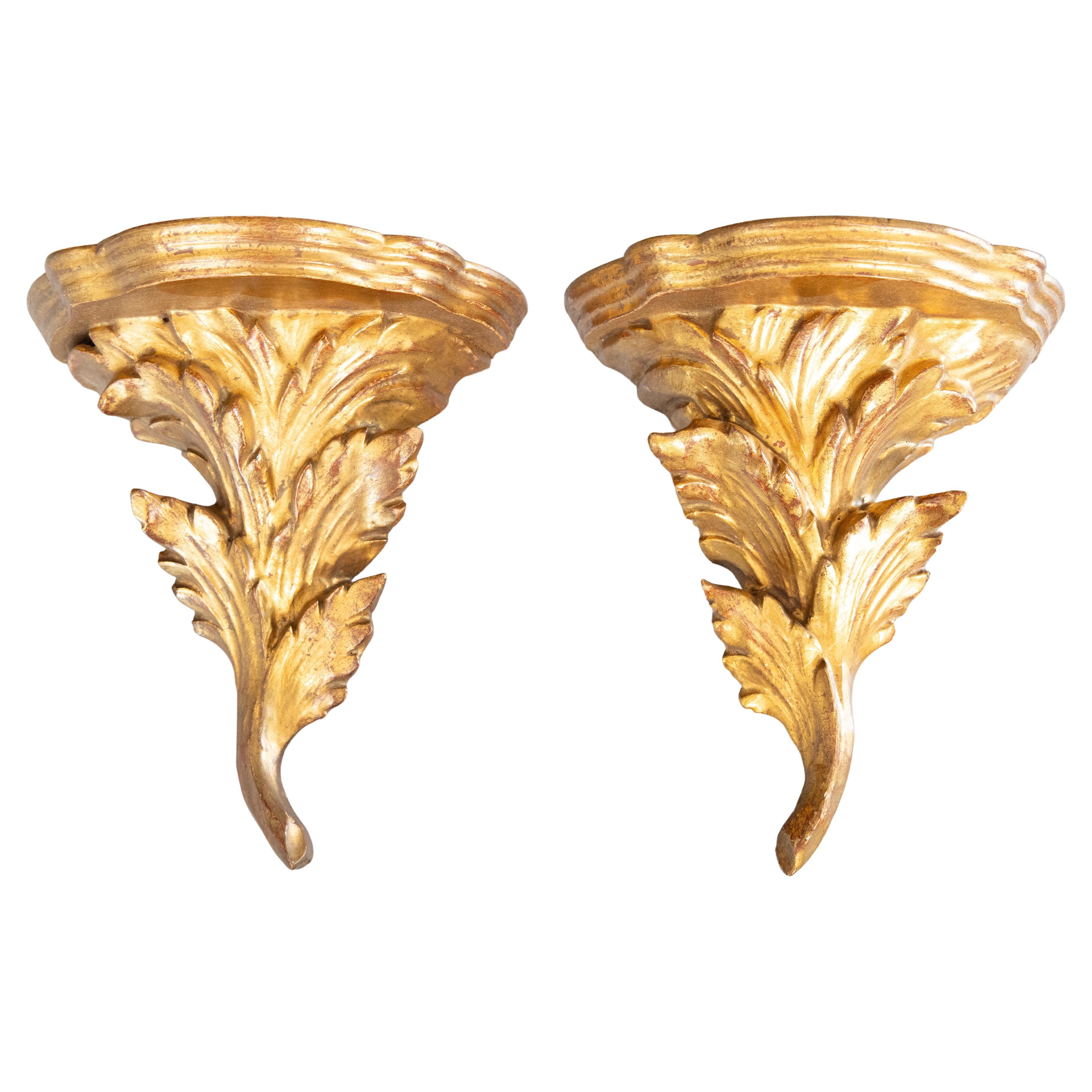 Pair Italian Florentine Acanthus Leaves Giltwood Wall Brackets Shelves c. 1950