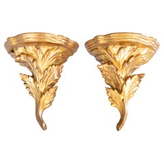 Pair Italian Florentine Acanthus Leaves Giltwood Wall Brackets Shelves c. 1950